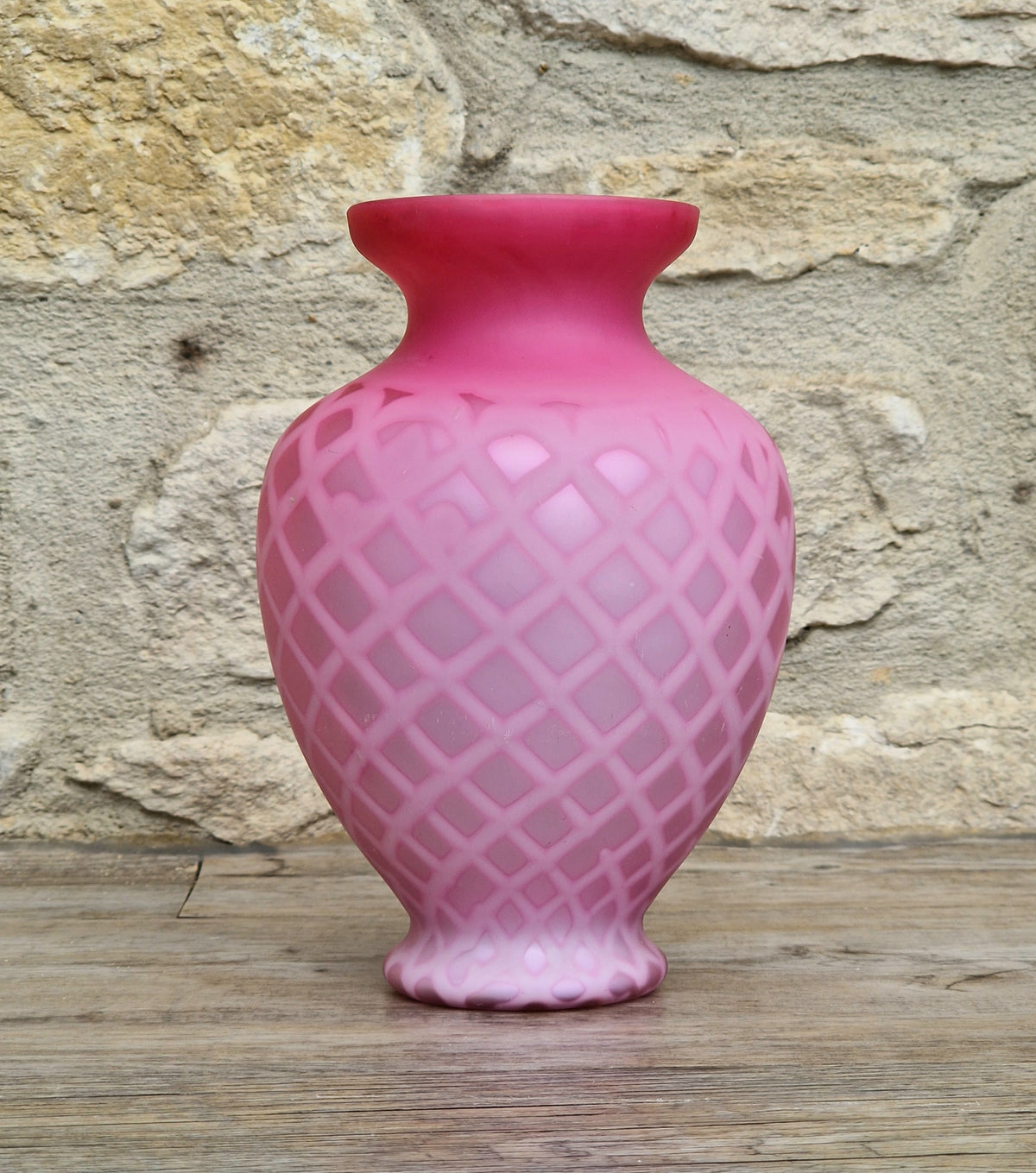 Antique Pink Satin Glass Vase - Victorian Diamond Quilted Mother of Pearl Art Glass - 19th Century Shaded Cranberry Cabinet Vase, Webb Style