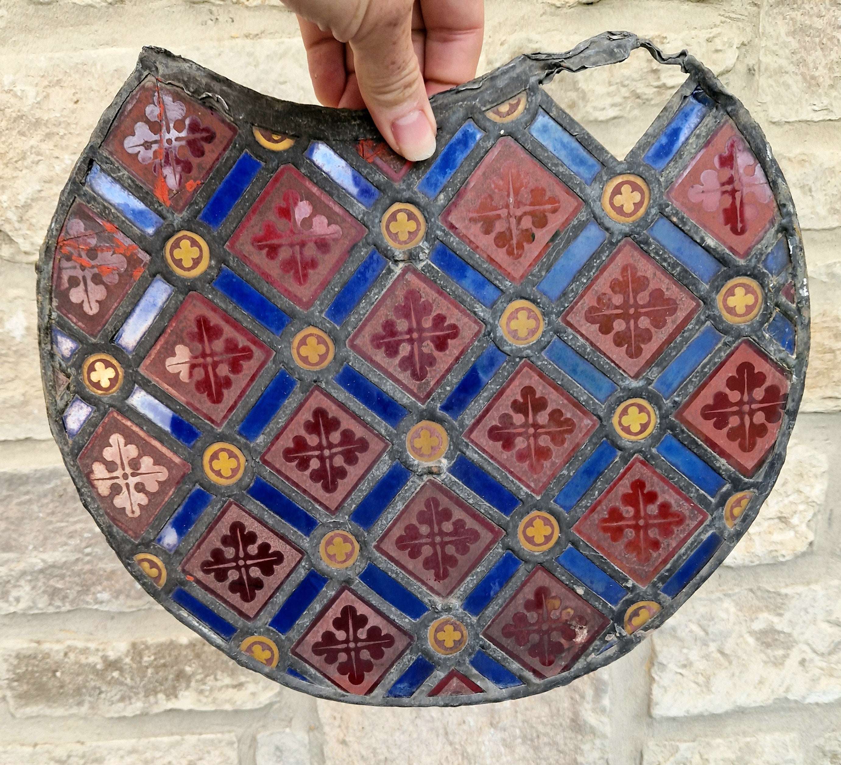 Rare Antique Early 19th Century French Gothic Revival Stained Glass Roundel Panel - Medieval Style Diaper Pattern