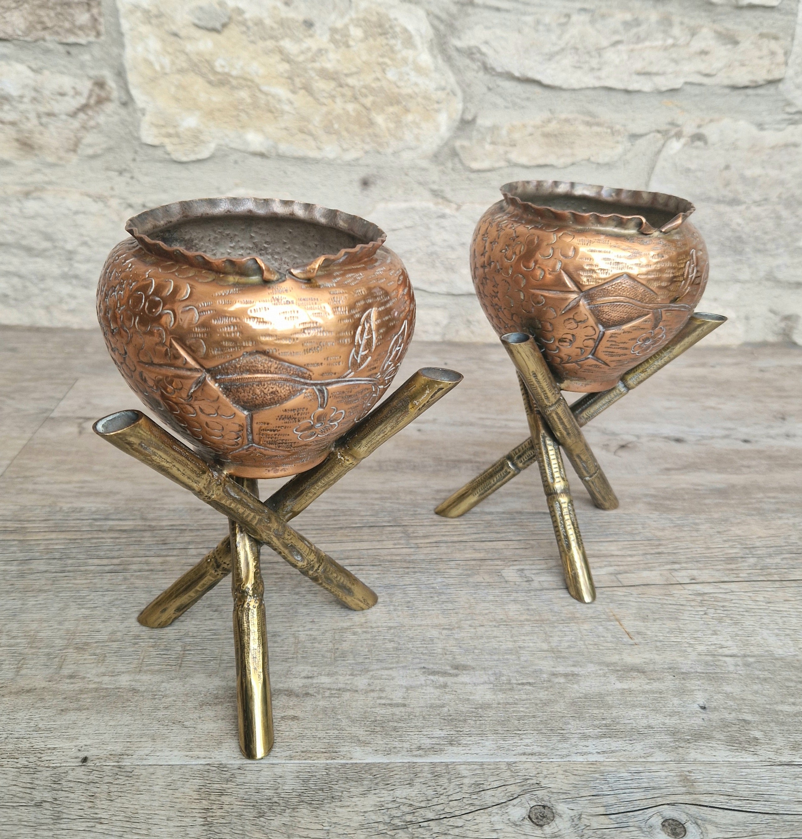 Pair of Antique Japanese Aesthetic Movement Arts & Crafts Copper And Brass Faux Bois Jardinieres