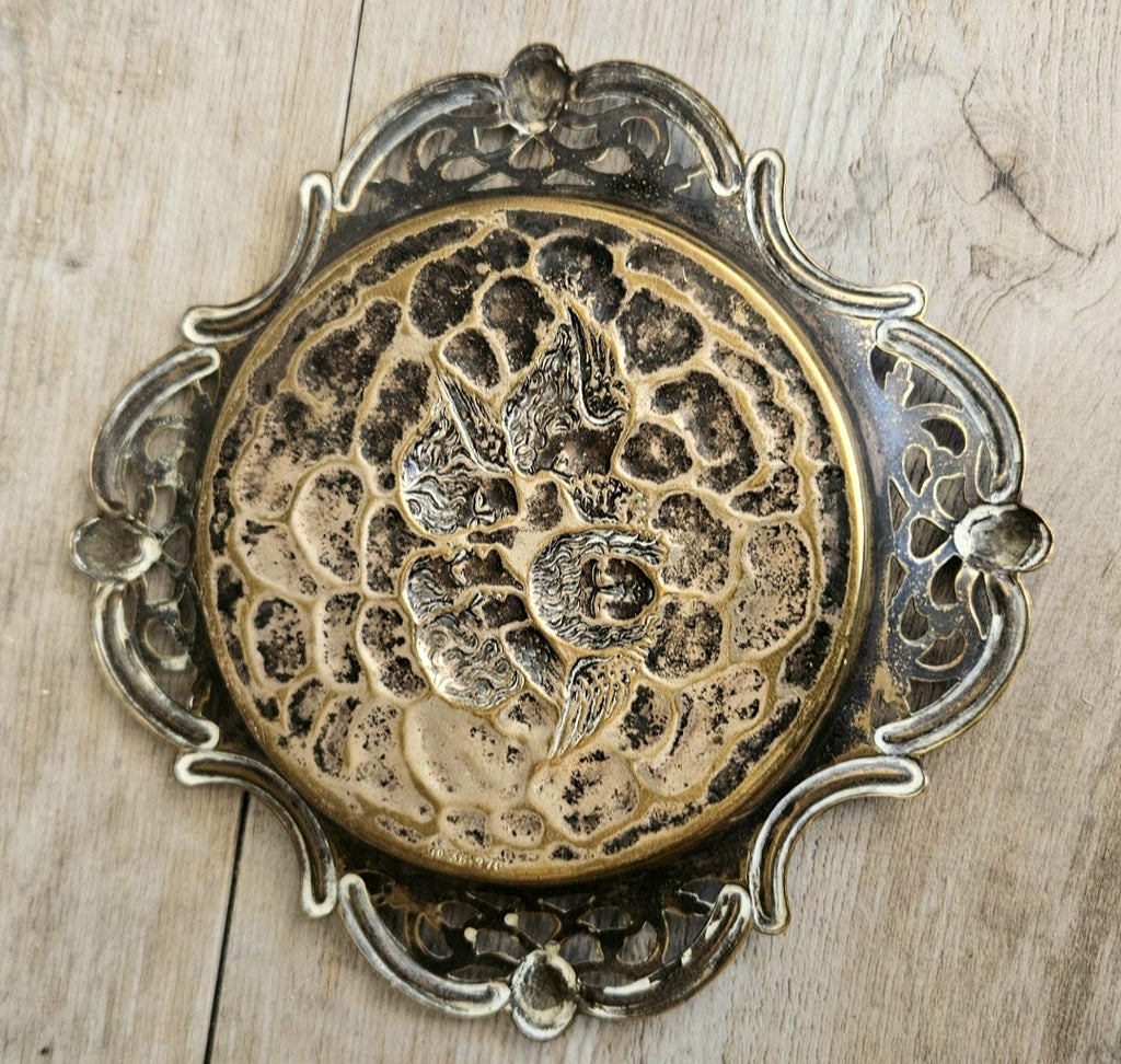 Antique Repoussé Brass Card Tray or Pin Dish "A Child's Angels" (Reynolds Angels) motif 14cm
