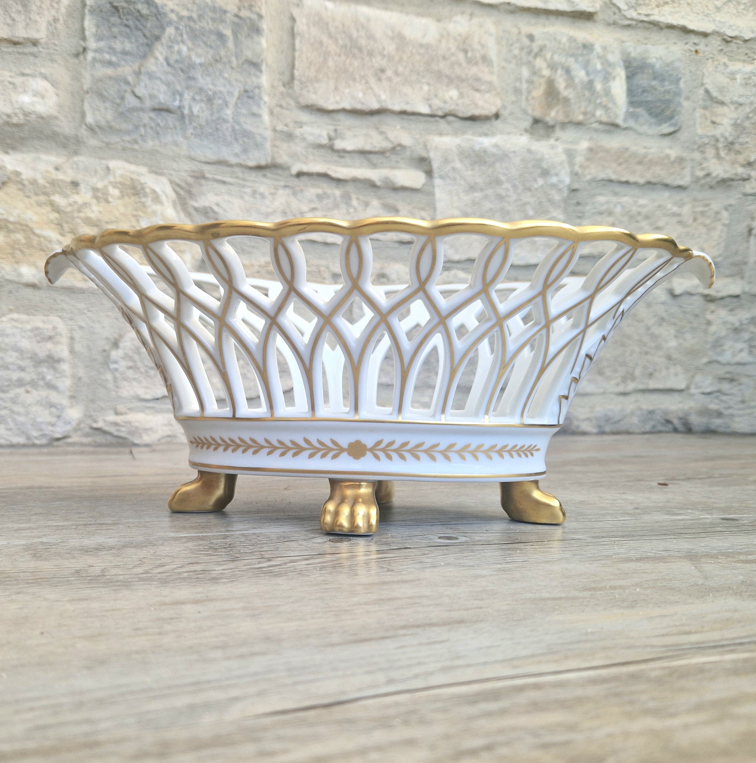 Large Vista Alegre Reticulated White & Gold Ceramic Basket Fruit Bowl Old Paris Style