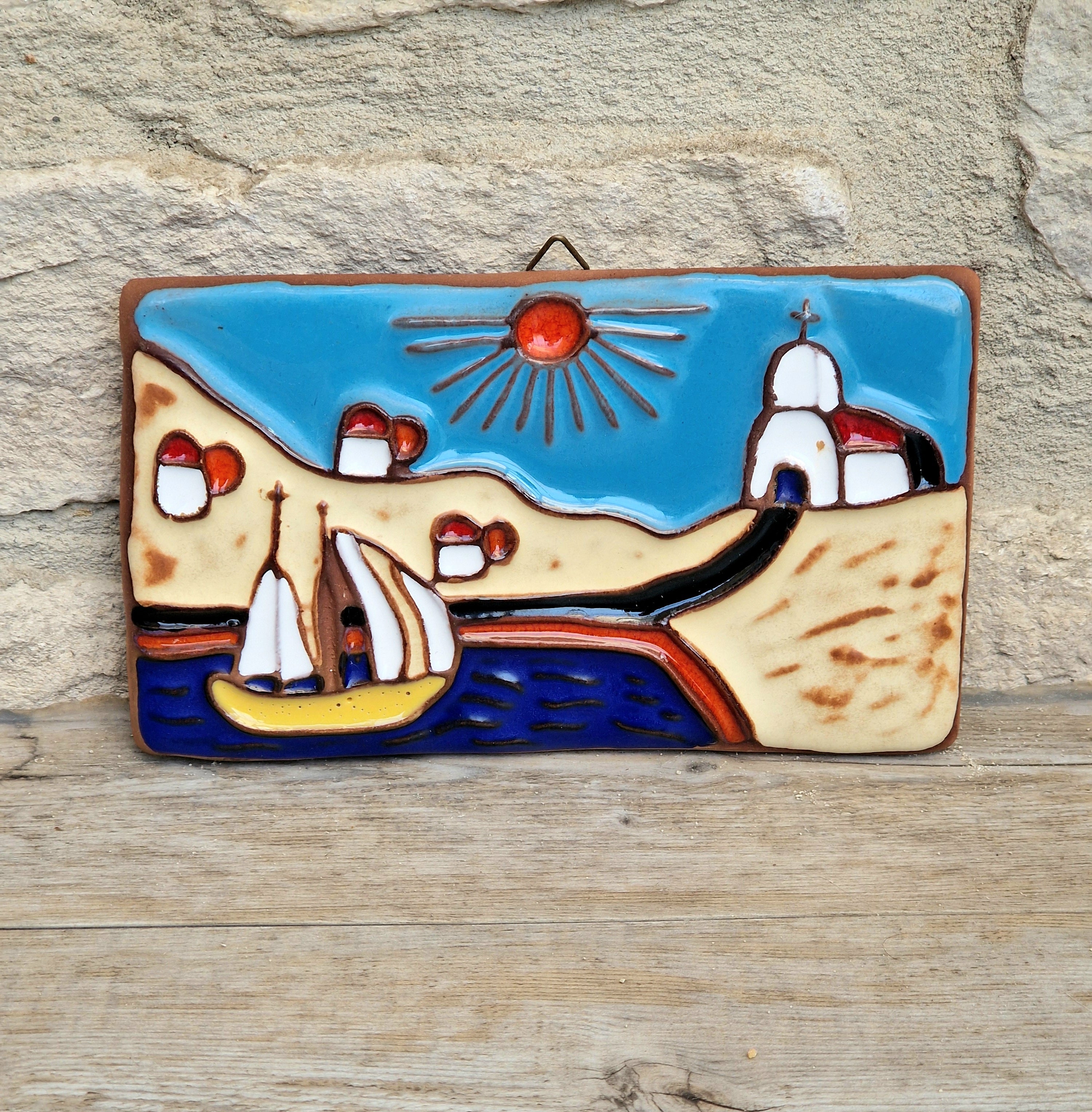 Vintage Dedallos Co Greek Ceramic Wall Plaque Handmade Mediterranean Souvenir Tile