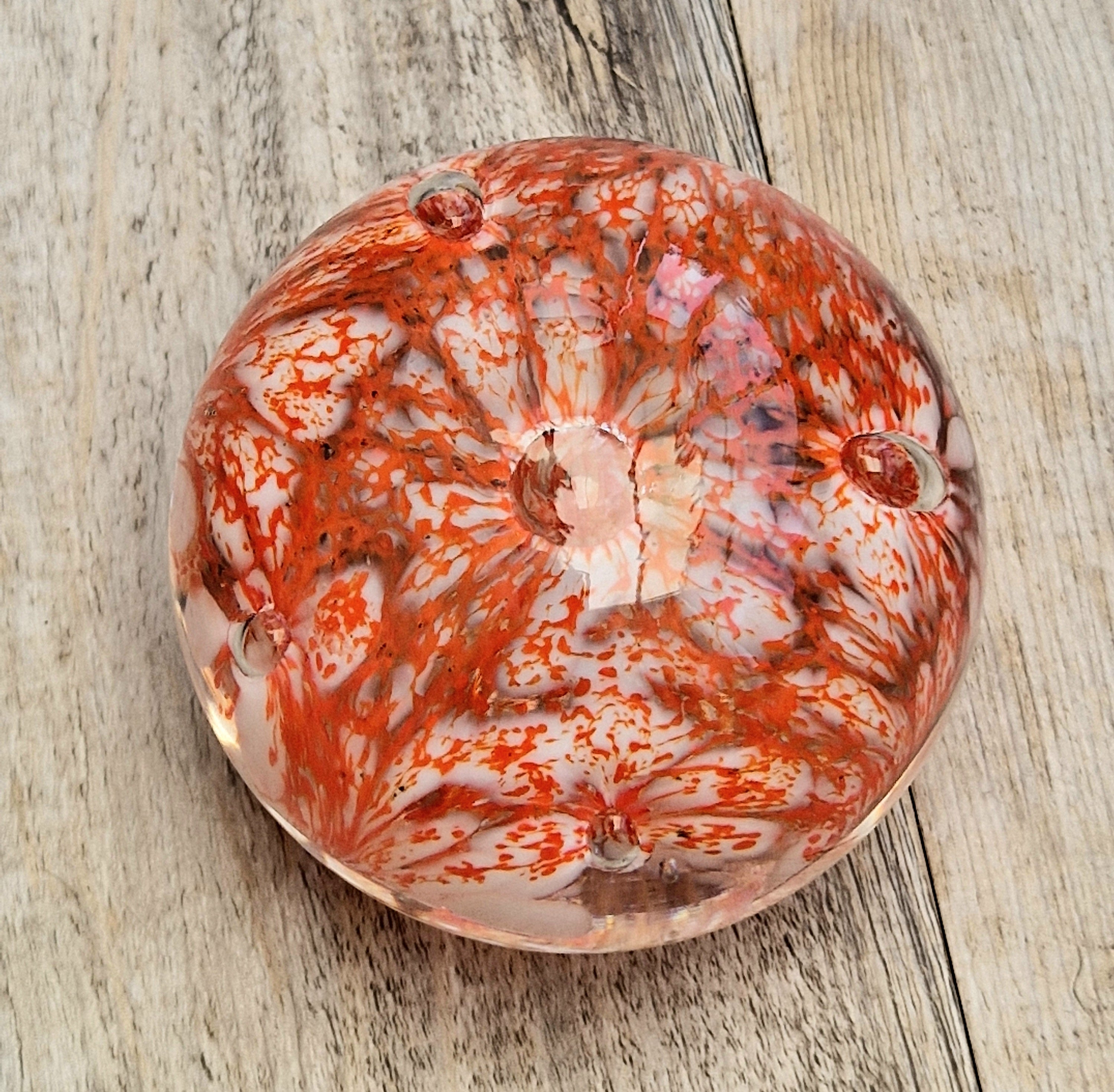 Vintage Rare Liskeard Glass Cornwall Orange & White Bubble Sphere Paperweight 1975