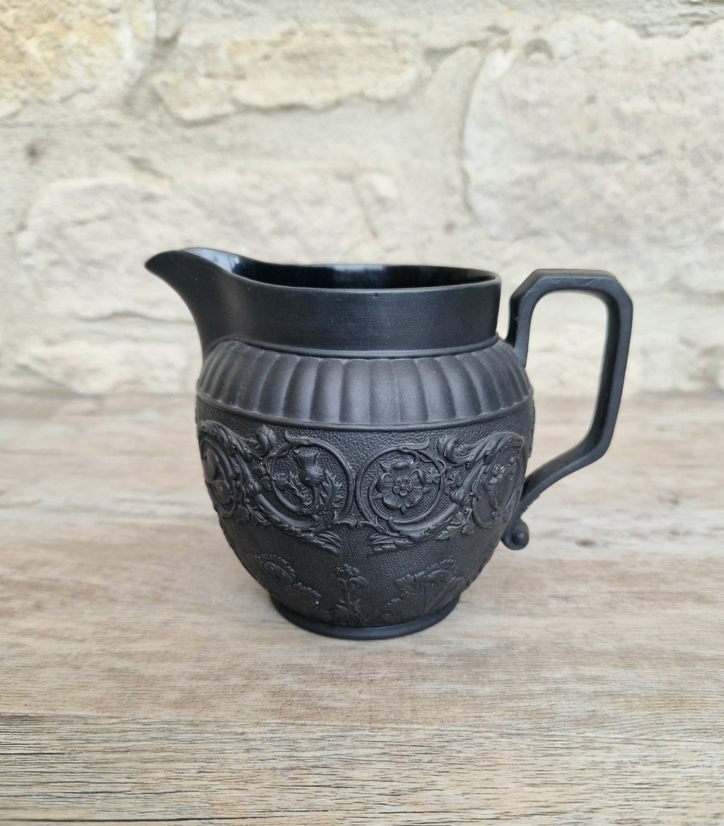 Antique Wedgwood Black Basalt Union Jug Creamer Pitcher Four Home Nations Relief Molded