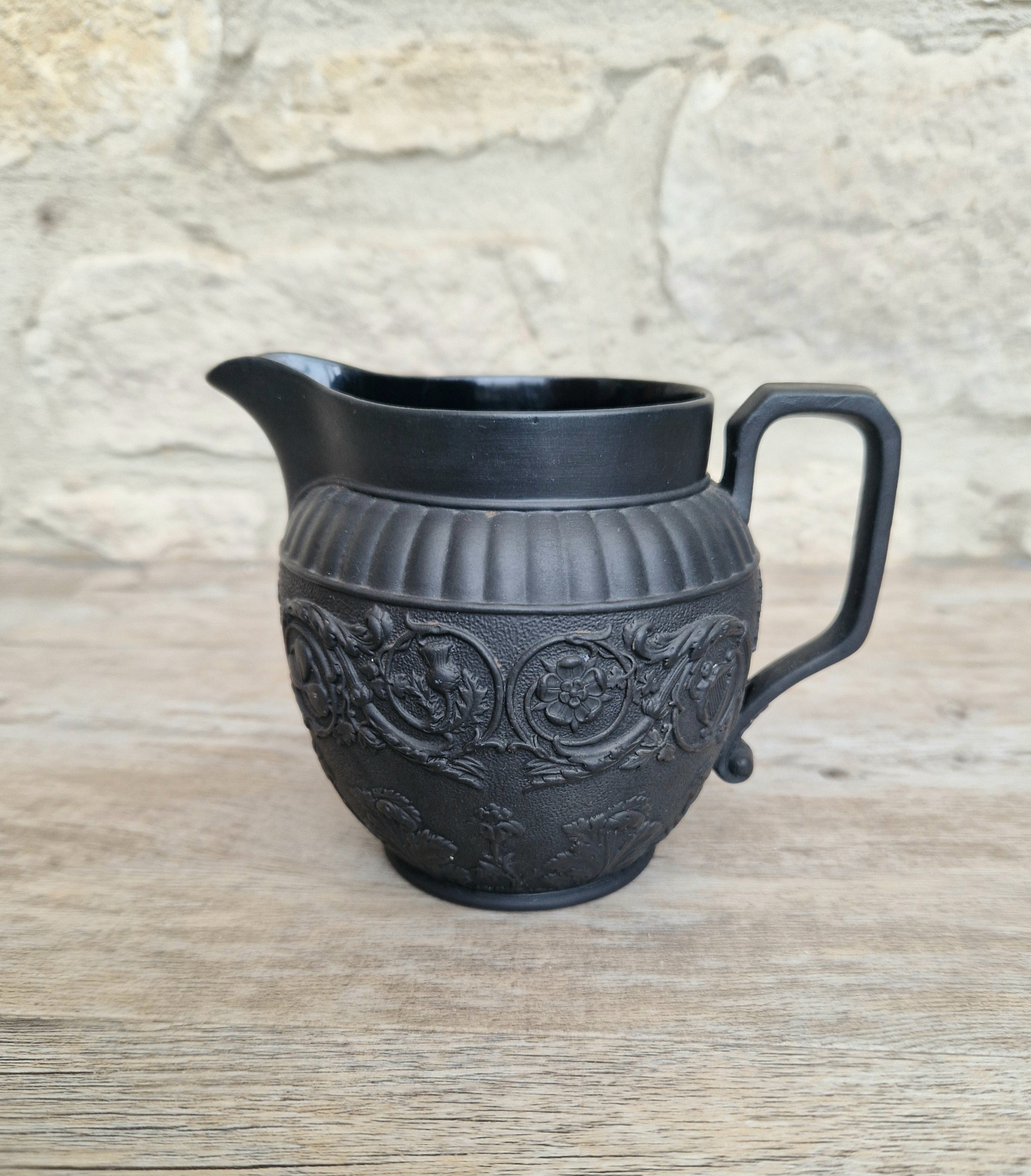 Antique Wedgwood Black Basalt Union Jug Creamer Pitcher Four Home Nations Relief Molded