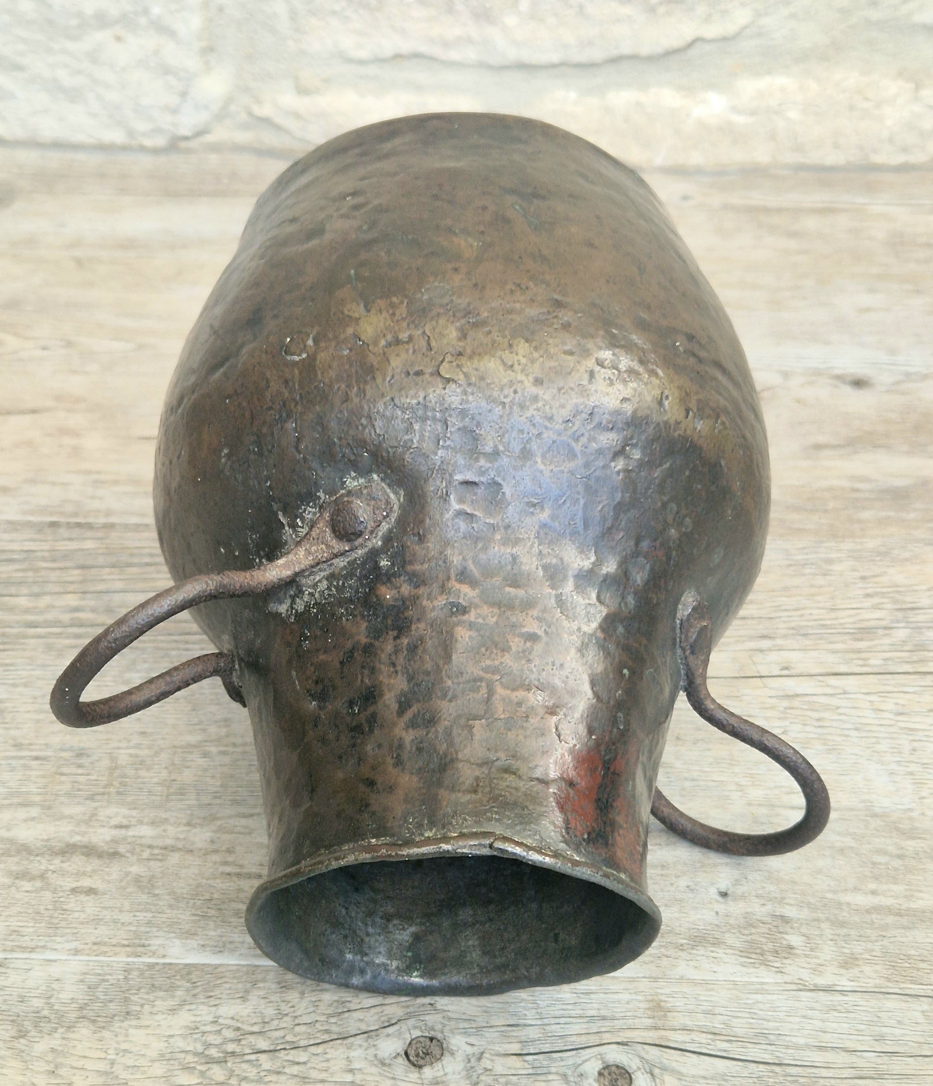 18th Century Hammered Bronze Cauldron Pot Wrought Iron Handles Historic Repair Antique Kitchenalia Vessel