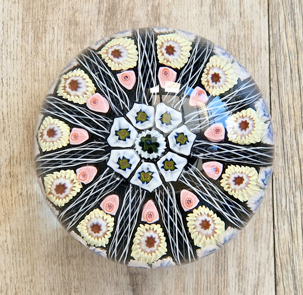 Strathearn Art Glass Paperweight 11 Spoke Millefiori with Filligree on Purple Ground Vintage