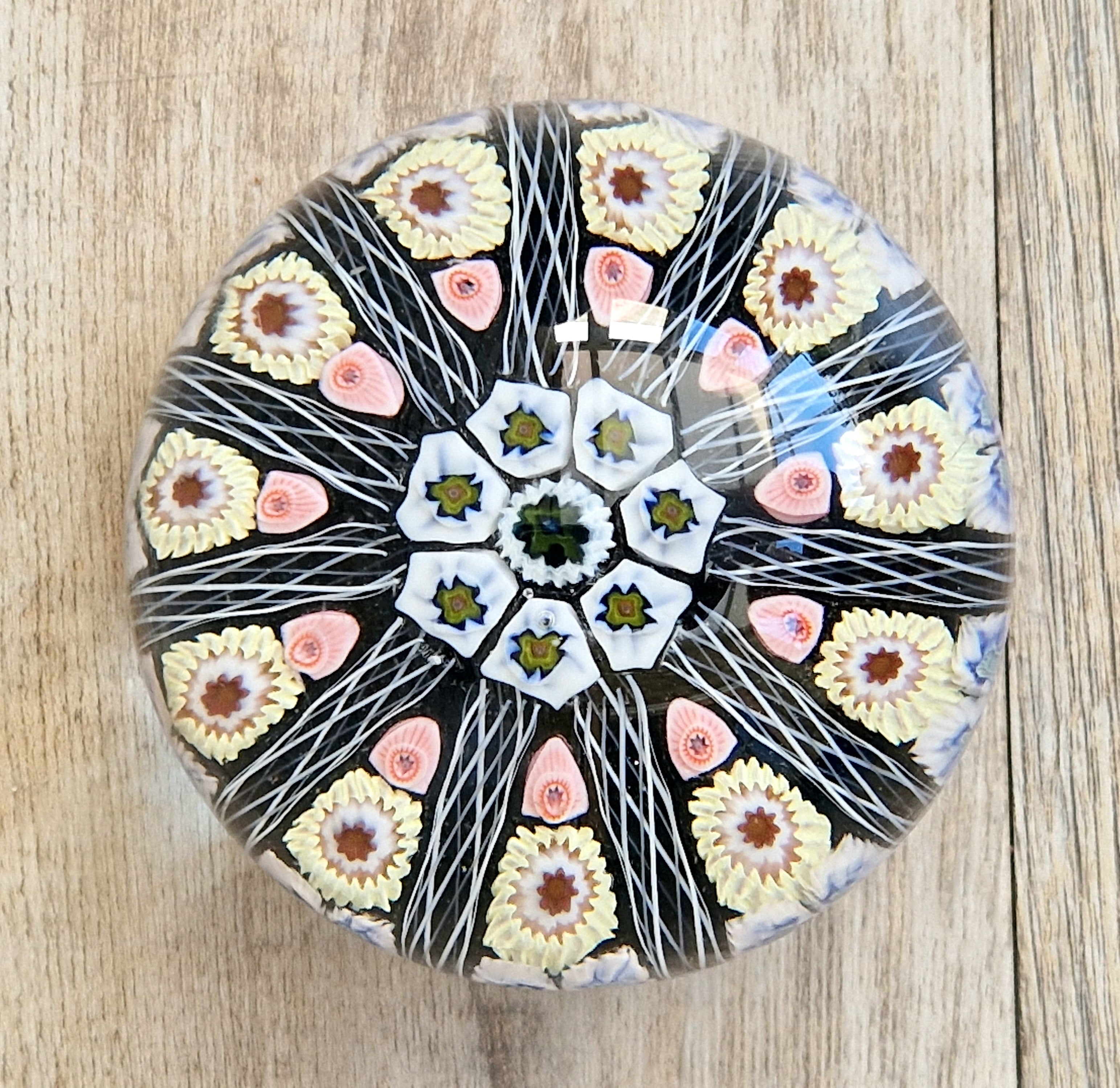 Strathearn Art Glass Paperweight 11 Spoke Millefiori with Filligree on Purple Ground Vintage