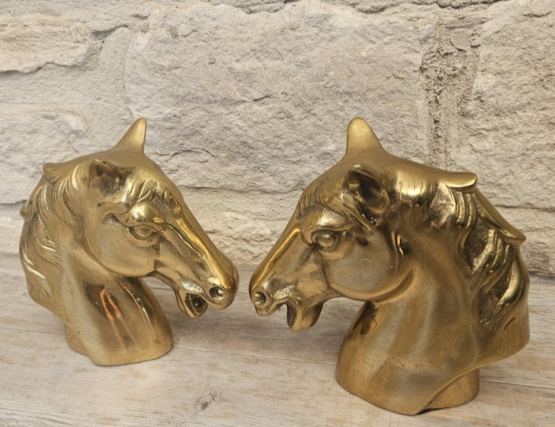 Mid Century Brass Horse Head Bookends Pair Hollywood Regency Equestrian Decor Vintage Shelf Accent