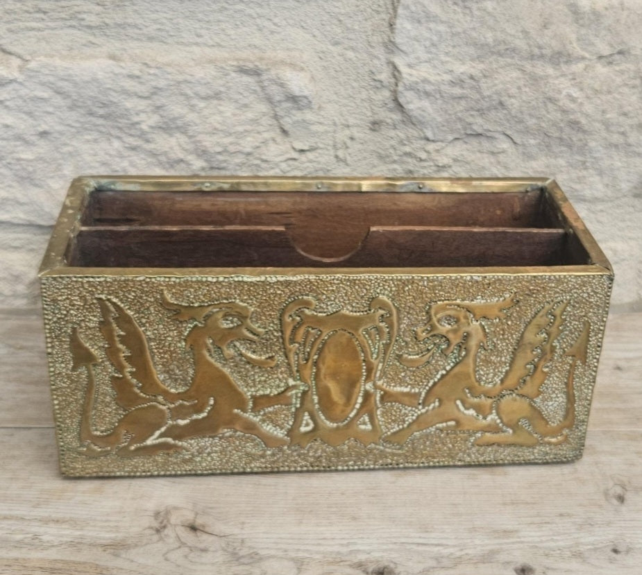Arts and Crafts Letter Holder Brass and Wood Celtic Dragons England