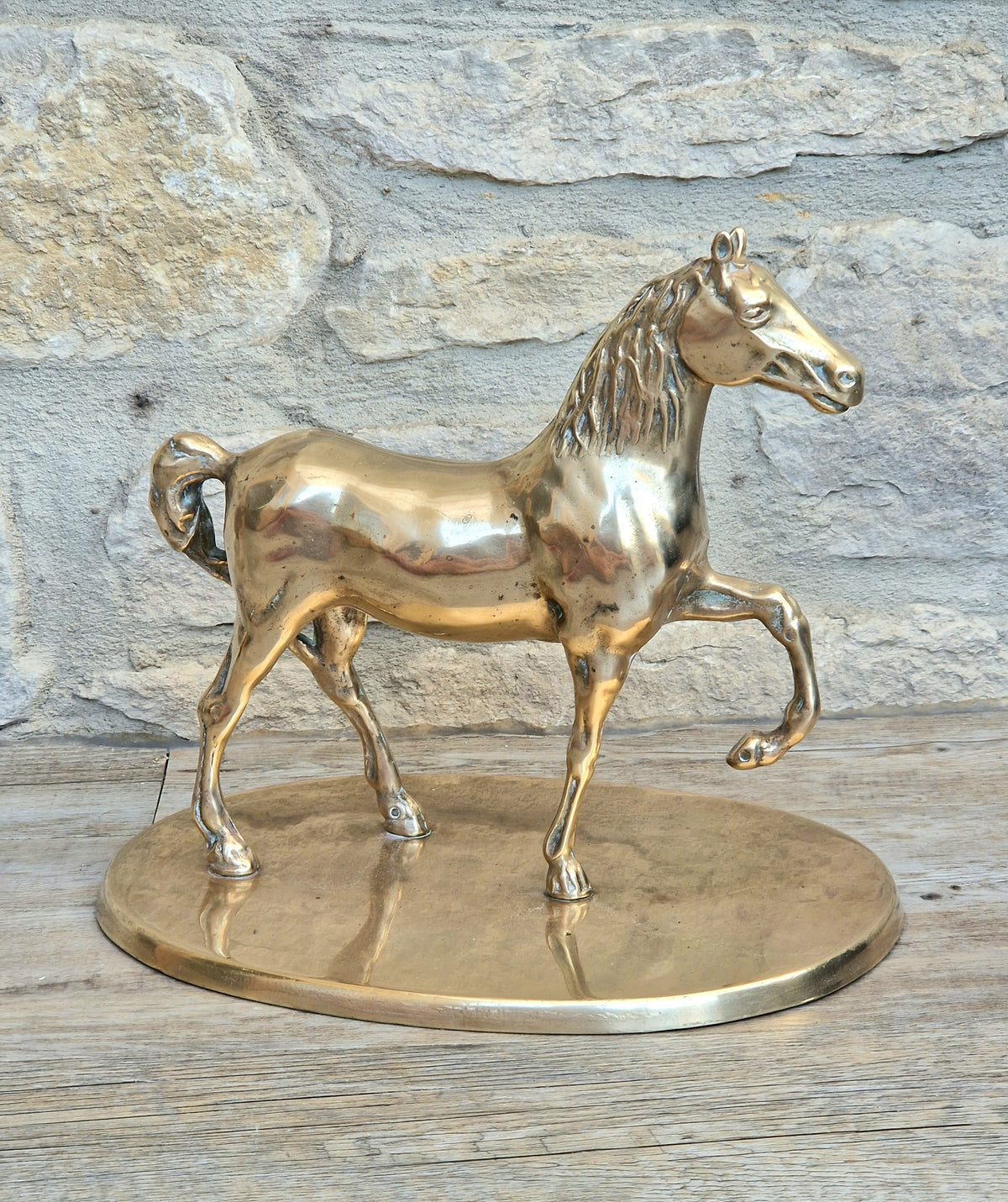 Vintage Solid Brass Horse Statue 22cm Large Heavy Equestrian Trotting Figurine On Base 1.9kg