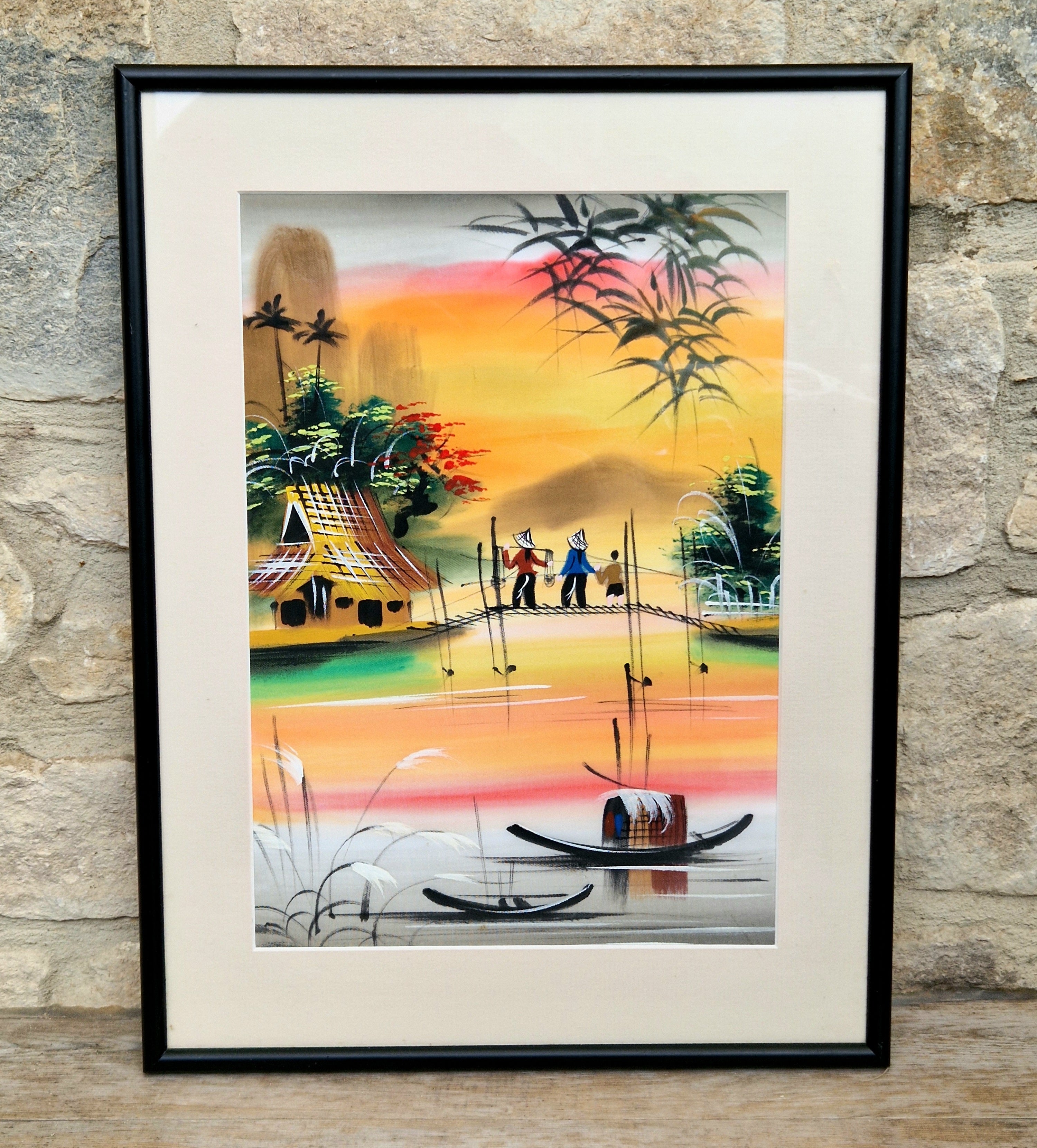 Vietnamese Silk Painting Framed Sunset River Scene Art Designed Traditional Asian Vintage Wall Decor