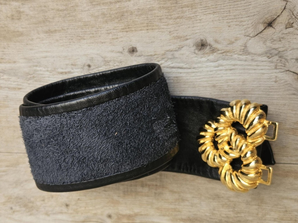 1980s Soft Black Leather Belt with Gold Metal Buckle 31" Long