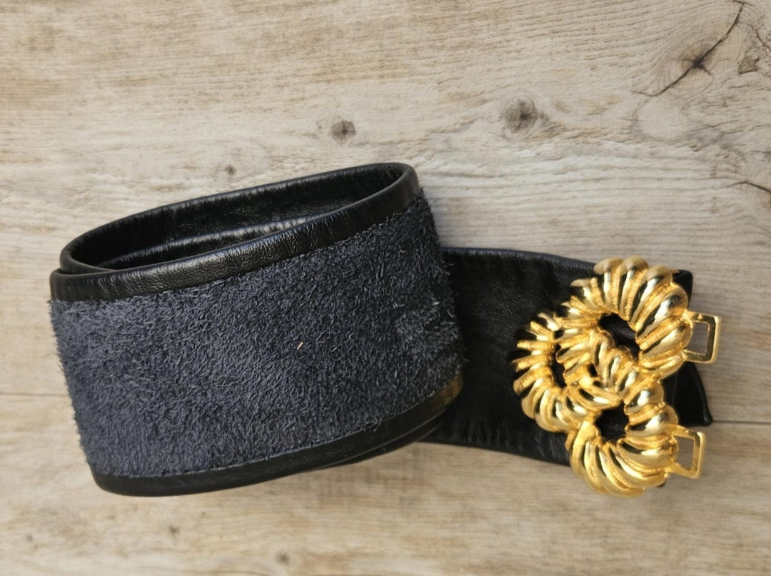 1980s Soft Black Leather Belt with Gold Metal Buckle 31" Long