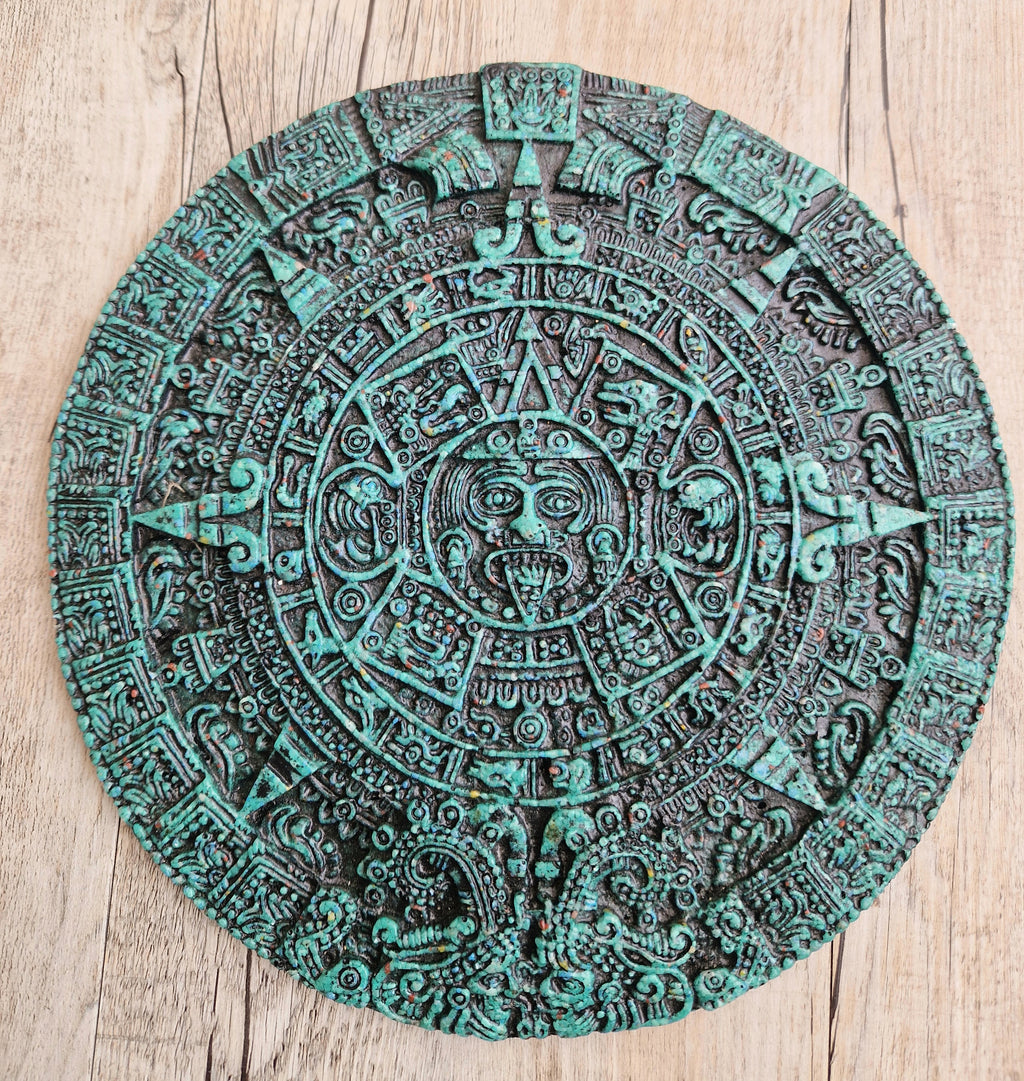 Vintage Green Malachite Composite Aztec Sun Stone Calendar Stone Wall Plaque