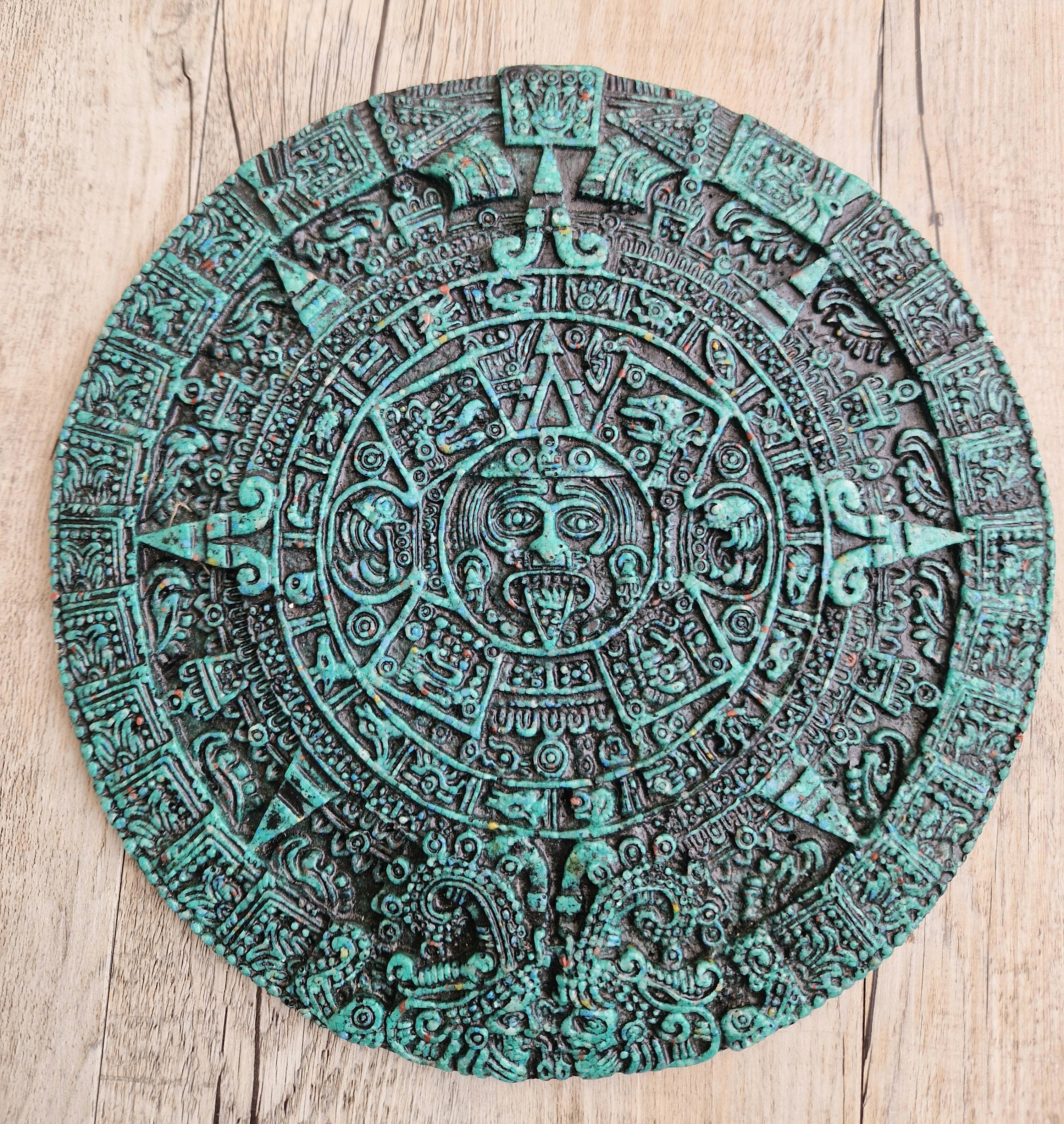 Vintage Green Malachite Composite Aztec Sun Stone Calendar Stone Wall Plaque
