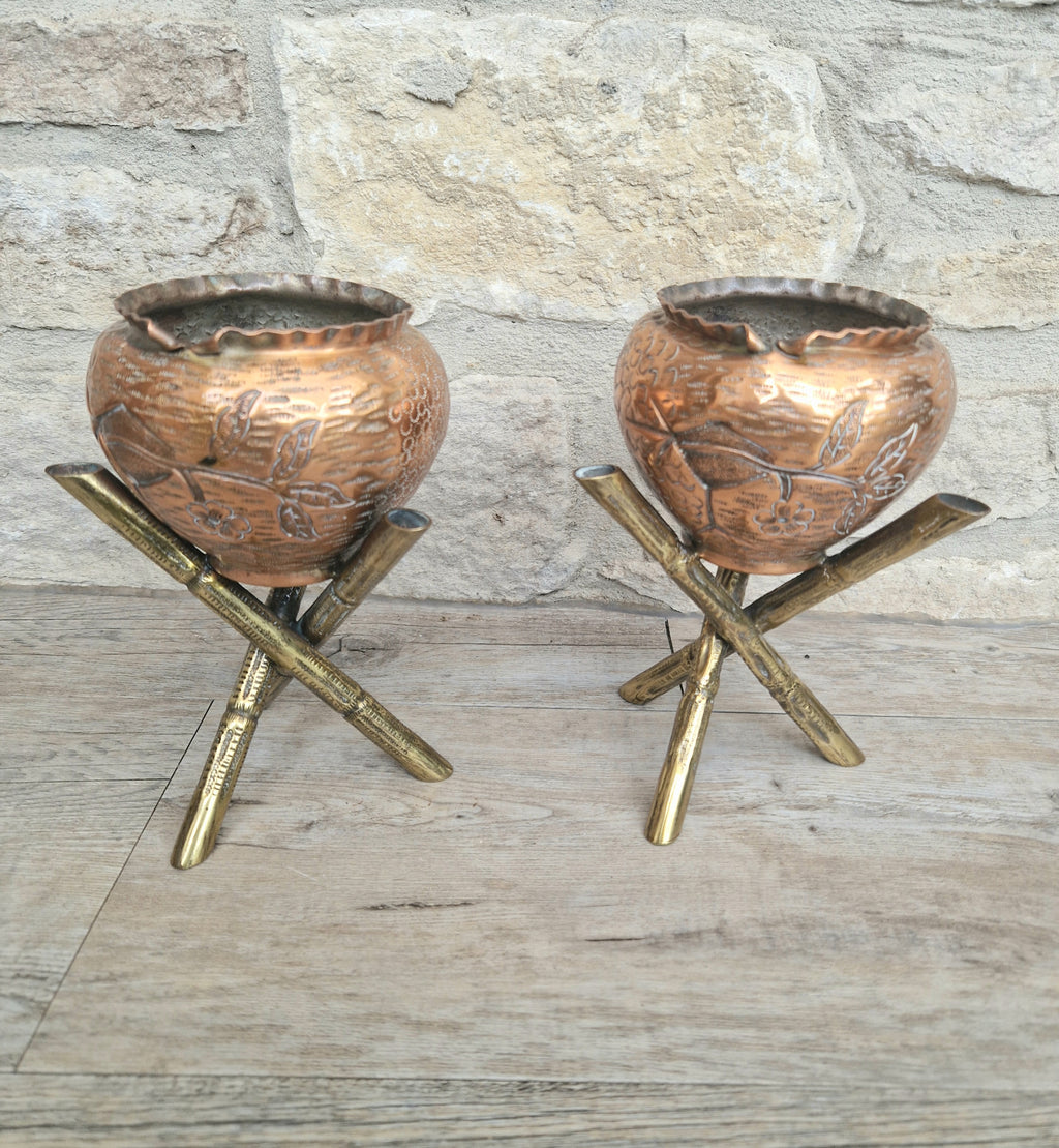 Pair of Antique Japanese Aesthetic Movement Arts & Crafts Copper And Brass Faux Bois Jardinieres