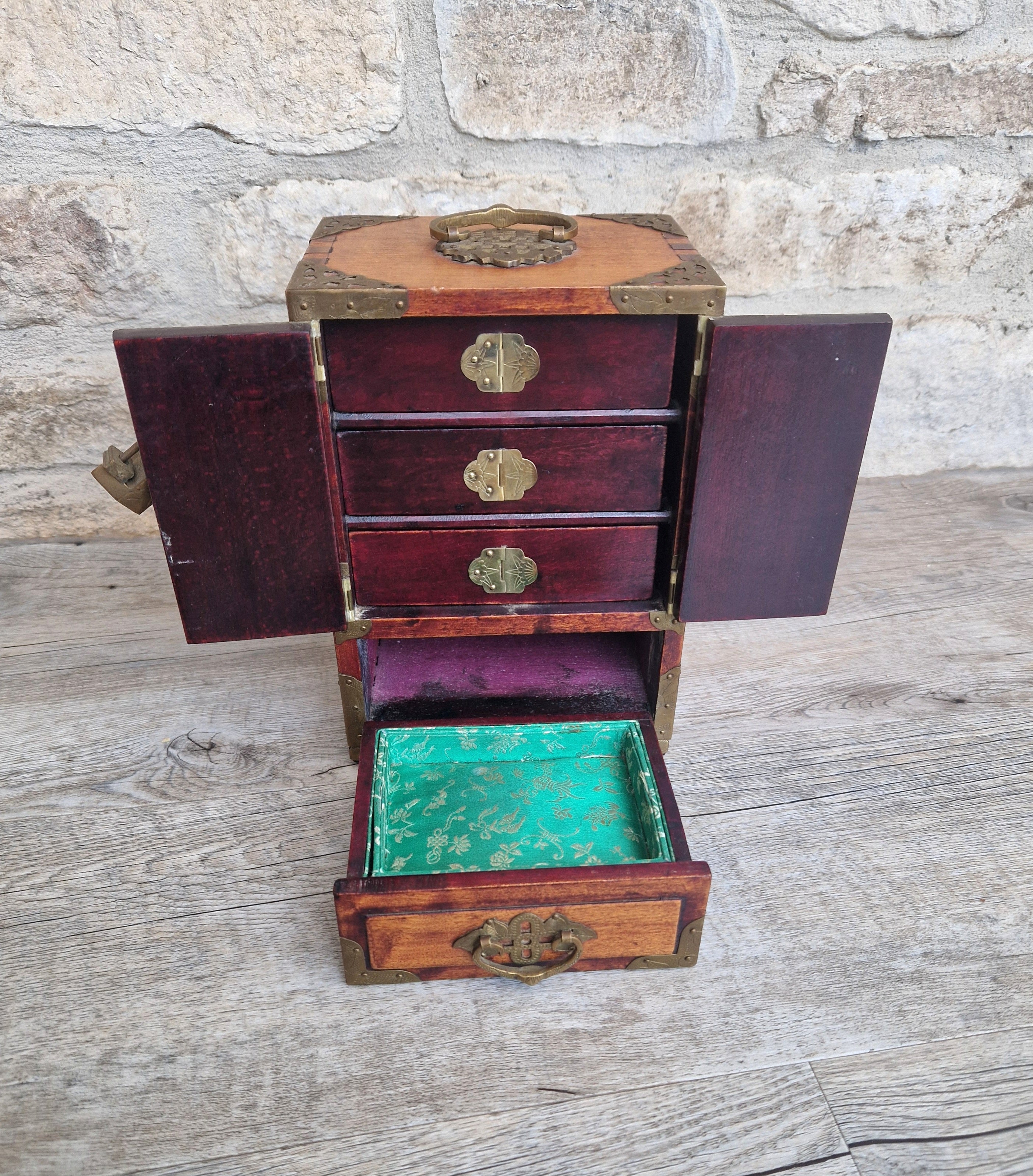Vintage Hardwood Brass Bound Oriental Hand-Painted Chinoiserie Dragons Footed Jewellery Box Chest 1940s