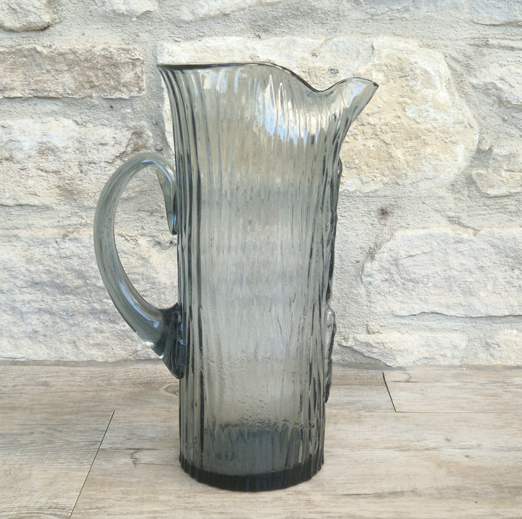 Björkshult Glassworks Sweden Hand Blown Mid Century Textured Smoke Glass 'Viking Pitcher Large