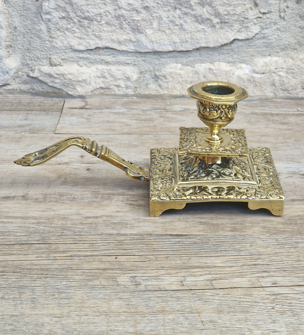 Fine French Antique Rococo Solid Brass Square Tiered Footed Chamberstick