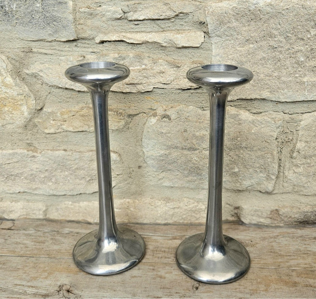 Pair Of Vintage Aluminium Tall Candlesticks 1990's Ikea Kagla Metal By Carl Ojerstam 25cm Tall