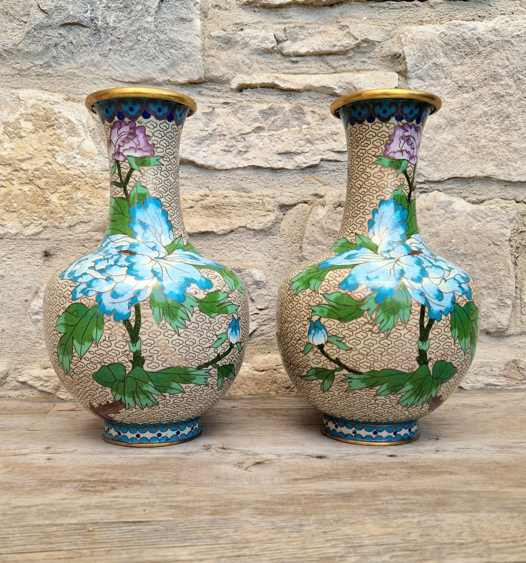 Pair Of Large Cloisonne Mirror Matched Peony Vases Mid 20th Century Exemplary Condition 23cm