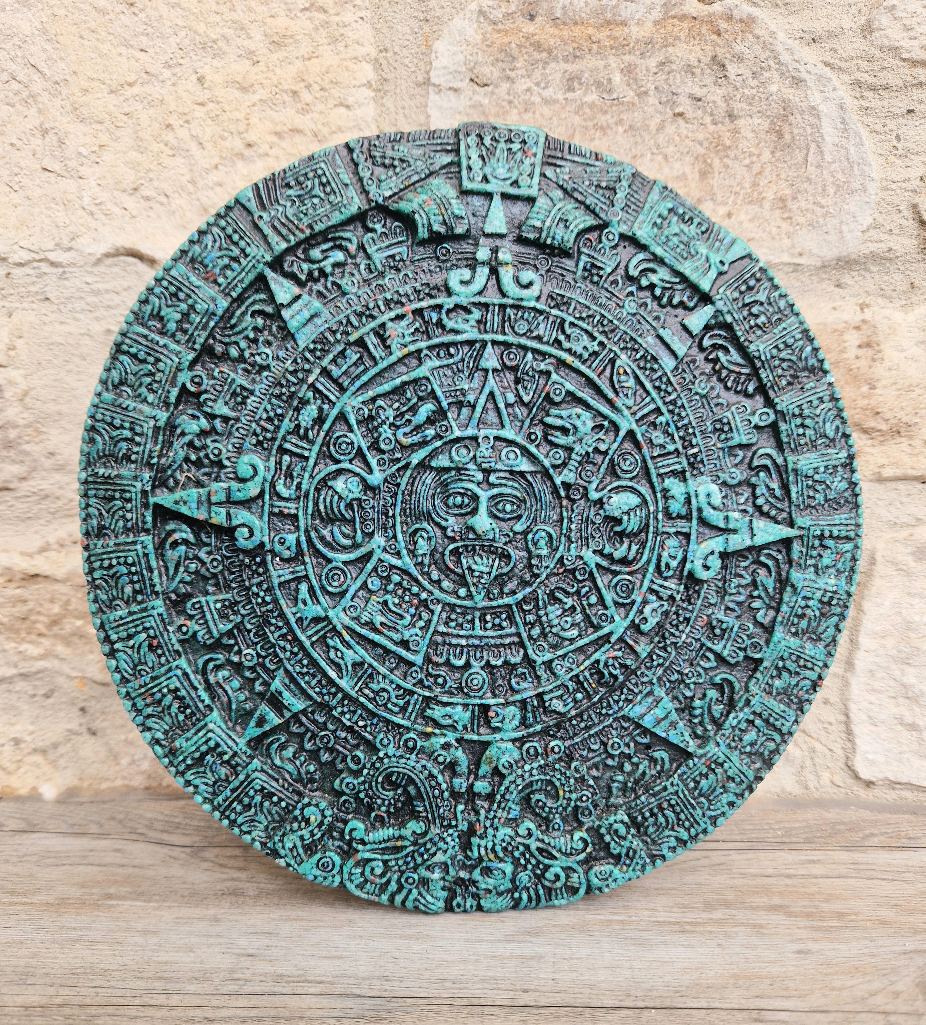 Vintage Green Malachite Composite Aztec Sun Stone Calendar Stone Wall Plaque