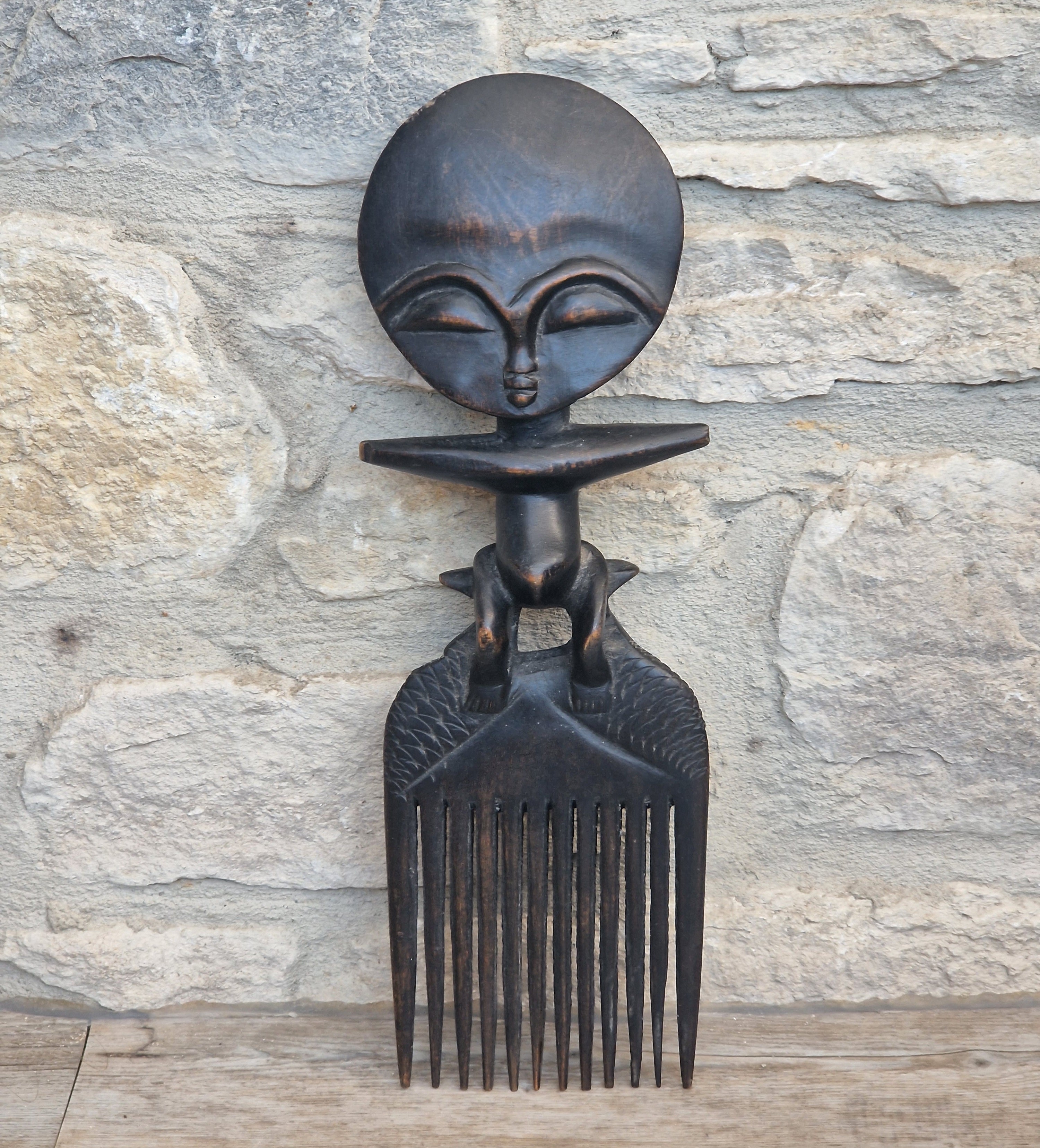 Vintage 31cm Ashanti Wooden Comb Duafe Hand Carved African Tribal Art Ghana Akuaba Doll