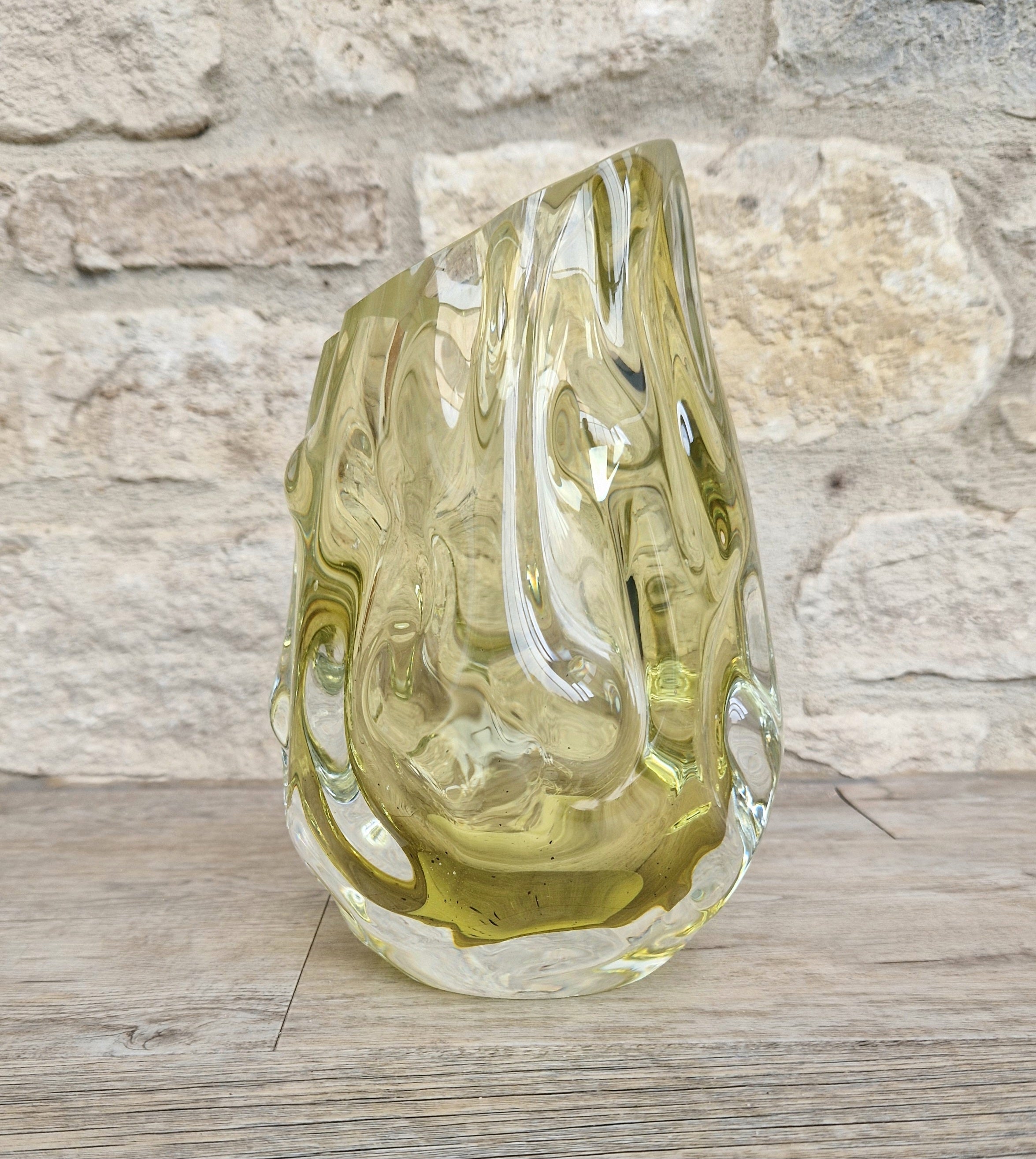 Murano Burri Glass Asymetrical Vase Light Olive Green Heavy Textured Vintage