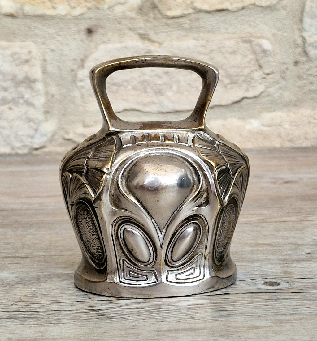 Antique Art Nouveau Silvered Bronze Large Ornate Decorated Table Bell