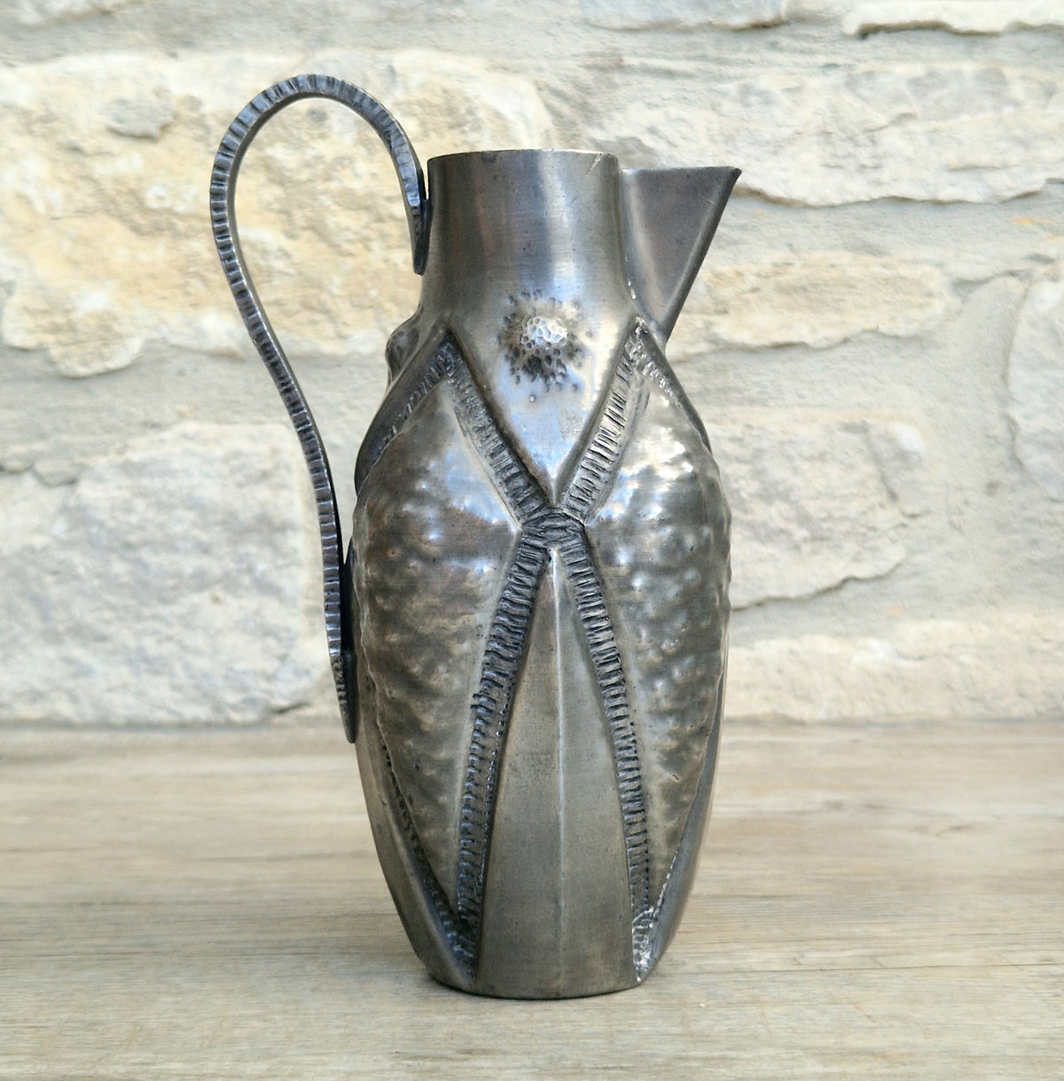 Antique French Art Deco Pewter Pitcher by Alice and Eugene Chanal Hand Hammered Jug Signed