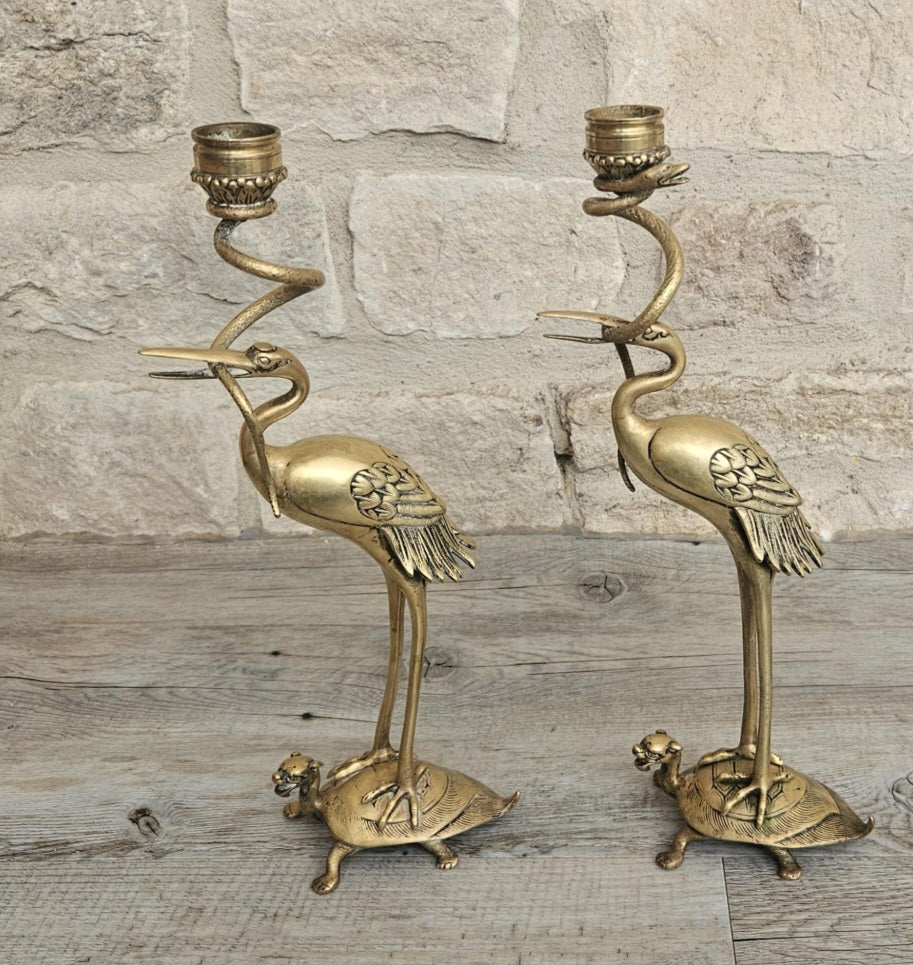 Pair of Antique Candlesticks Japanese Brass Crane Standing On Turtle With Snake Buddhist Early 20th C.