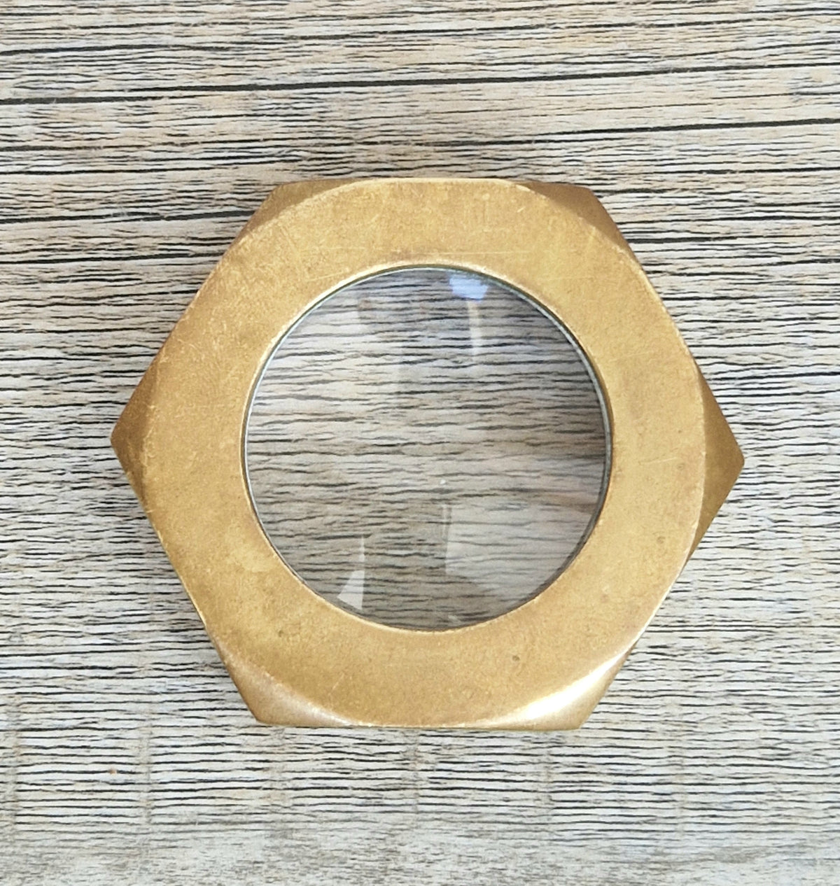 Carl Auböck Brass Hexagon Nut Magnifier Paperweight, Vintage Austria Werkstätte 1950s Desk Accessory, Model 5071 Authentic