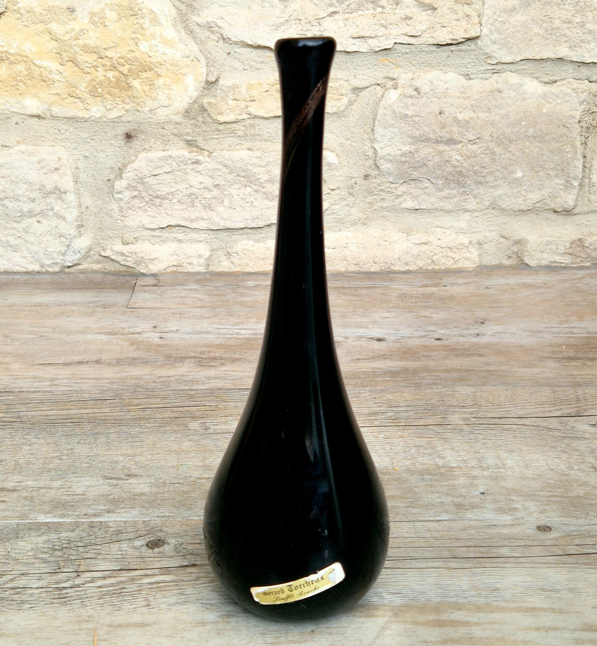 Gérard Torcheux Midcentury Amethyst Black Glass Teardrop Vase French Studio Glass Original Label. 1970s