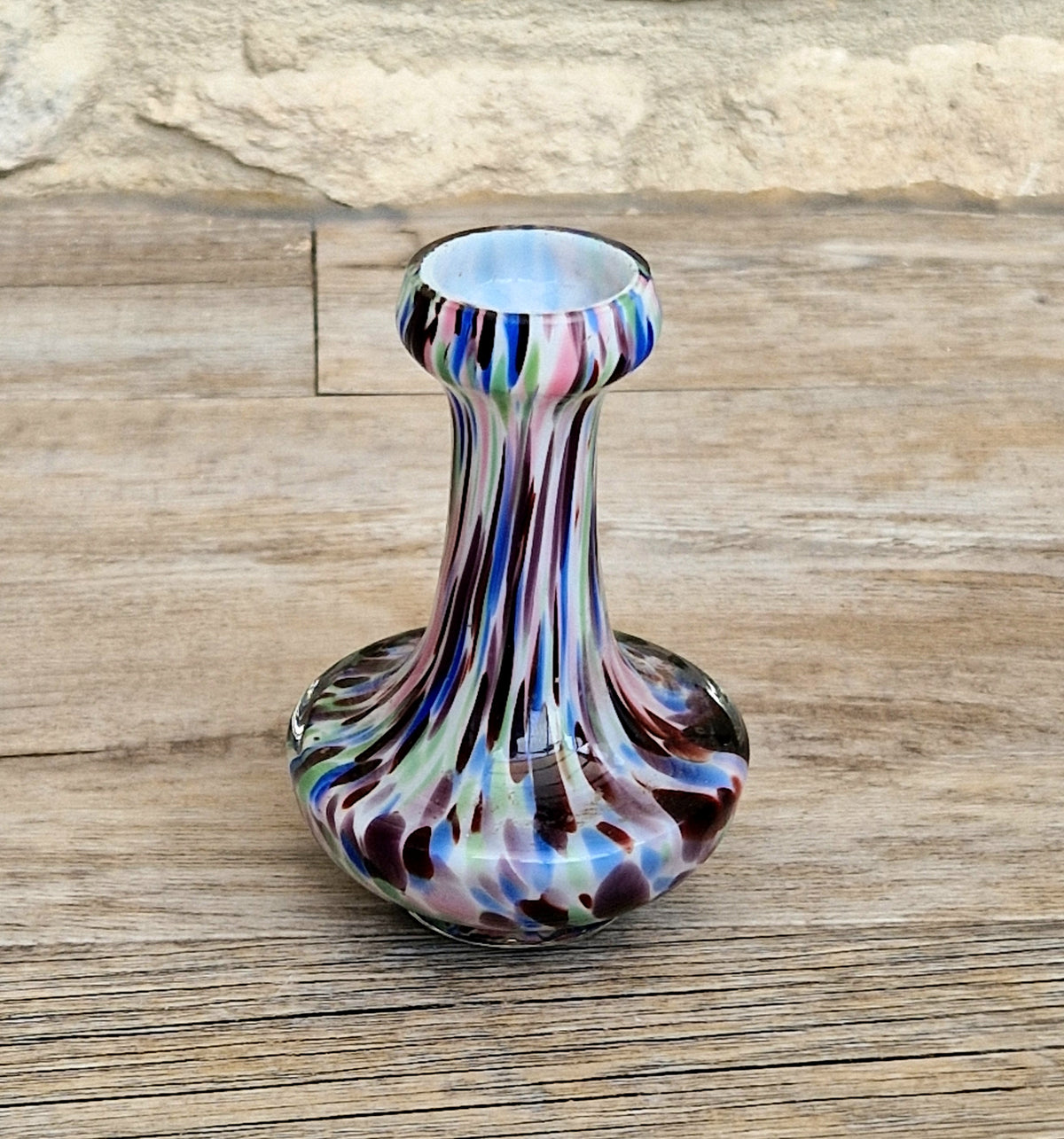 Vintage Murano Style Spatter Glass Miniature Posy Vase Mid Century Multicolored Harlequin Cased Art Glass