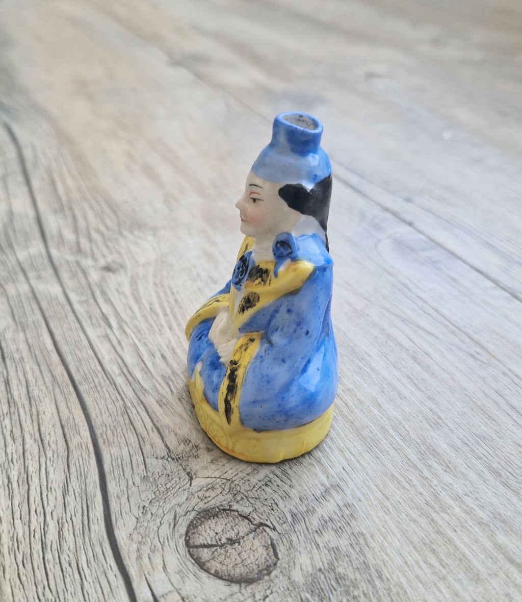 Antique Sitzendorf Ceramic Seated Figure Perfume Bottle - Missing Crown Top