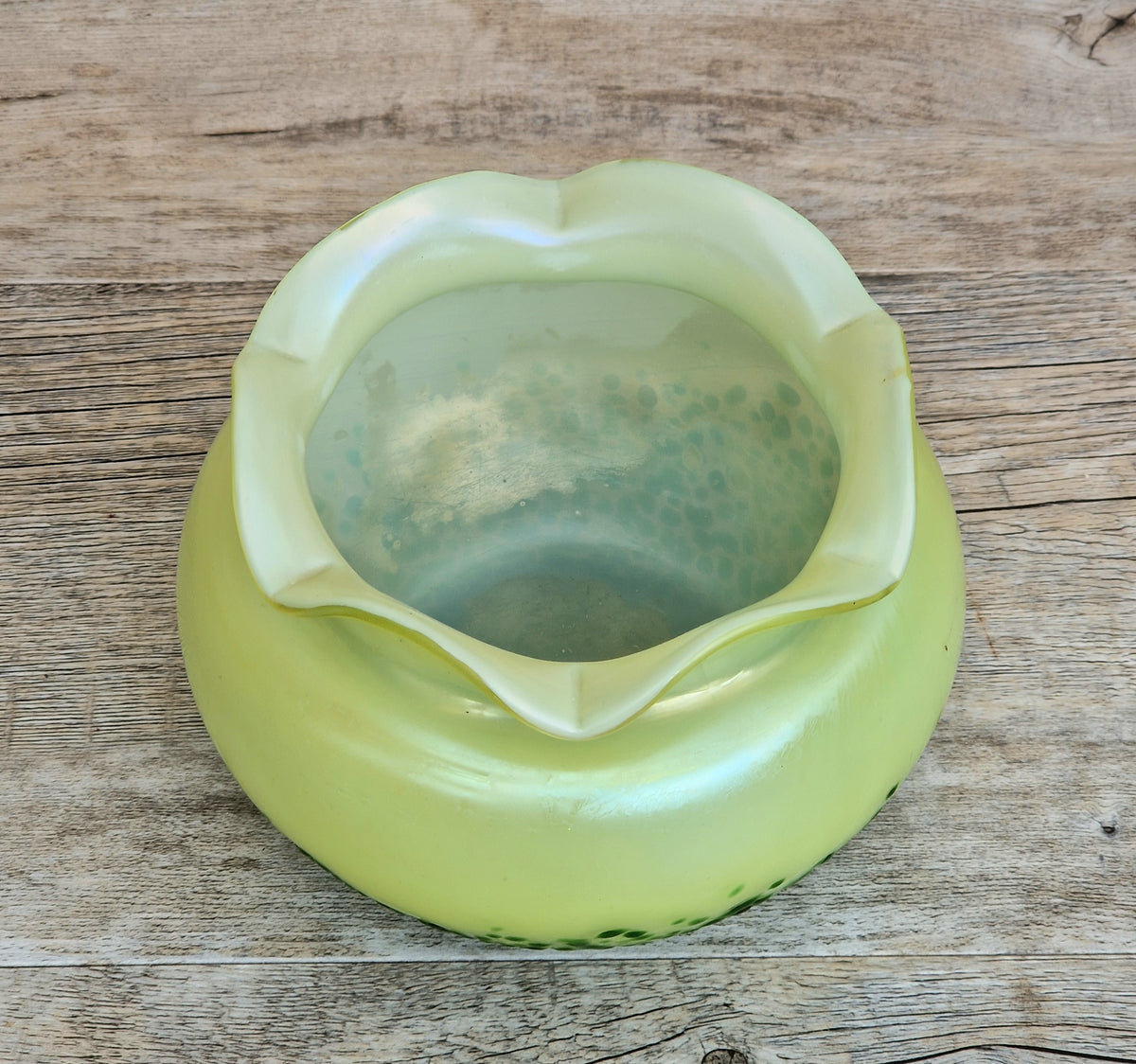 Antique Late 19th Century Bohemian Art Glass Vase, Loetz-Heckert Tradition, Iridescent Yellow Green, Rare Cabinet Vase