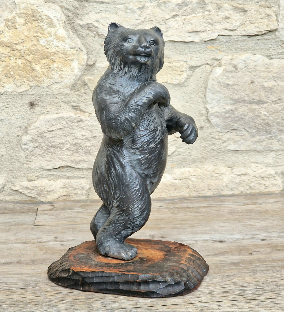 Cast Spelter Standing Bear Sculpture On Rustic Wood Base Rare Antique Art Deco