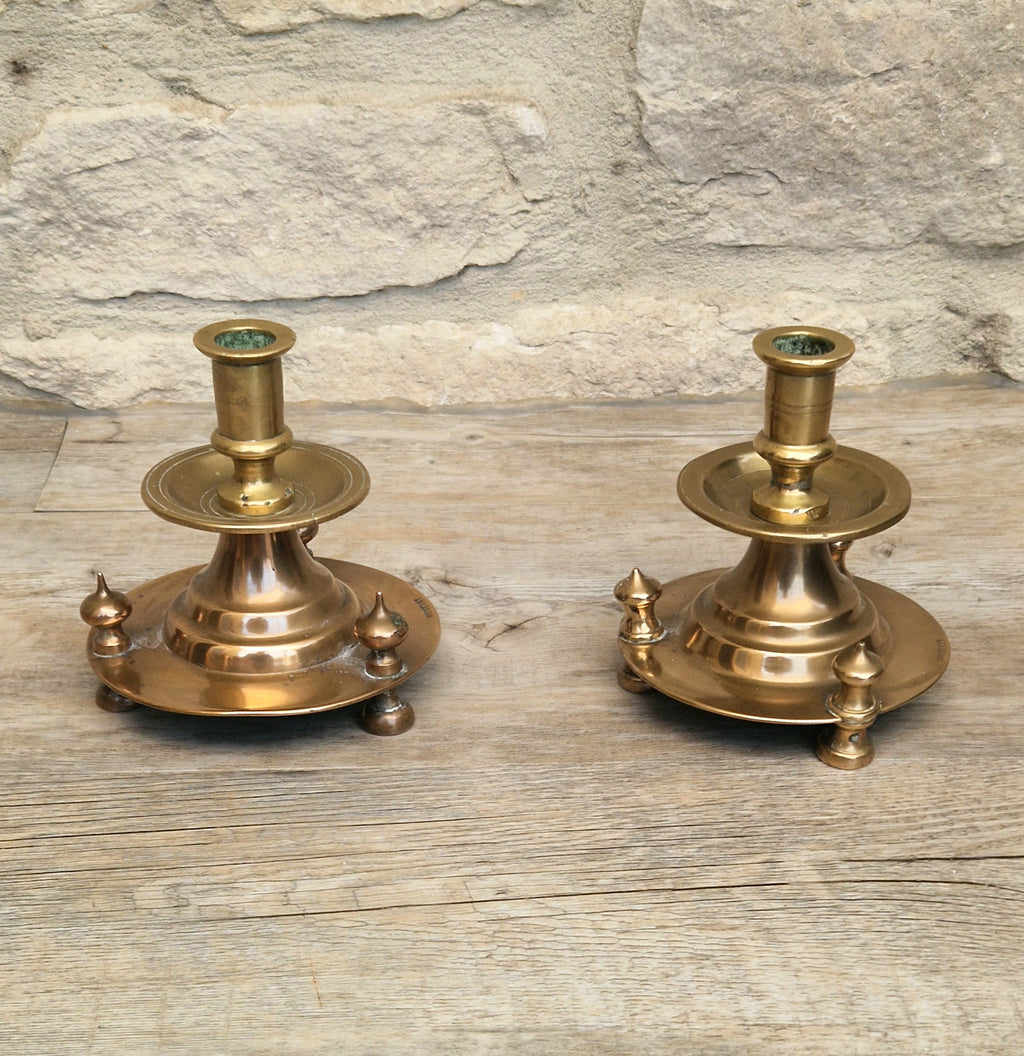 Pair of 19th Century Judin Signed Czarist Era Russian Bronzed Sabbath Bun Footed Capstan Candle Holders.