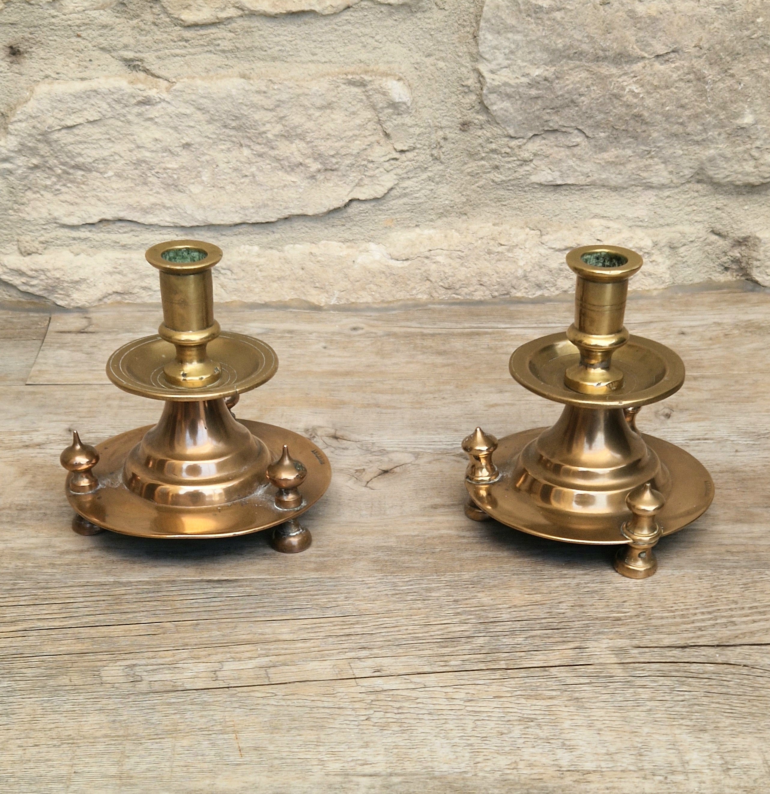Pair of 19th Century Judin Signed Czarist Era Russian Bronzed Sabbath Bun Footed Capstan Candle Holders.