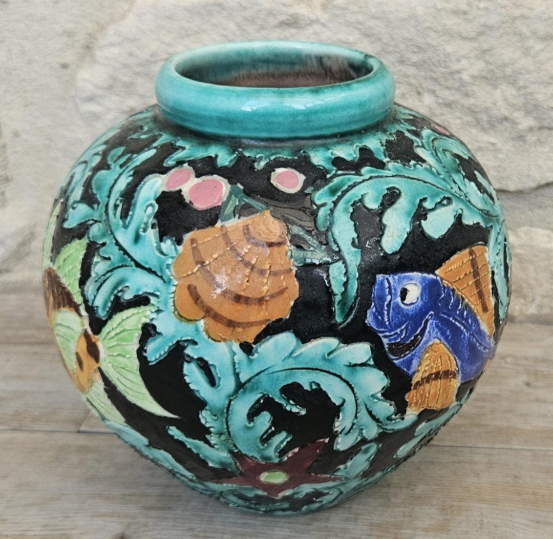 Midcentury Fish Art Vase Colourful Cerart Monaco Marine Decor 12cm Tall