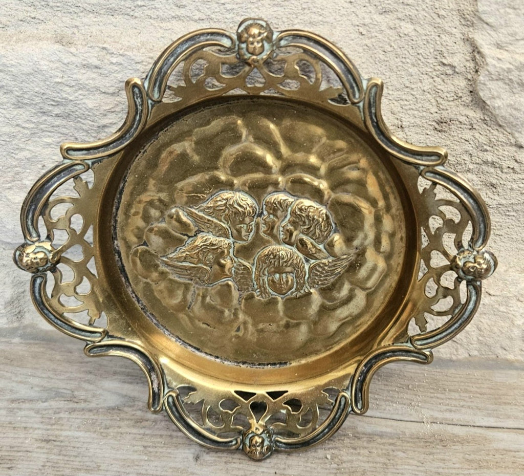 Antique Repoussé Brass Card Tray or Pin Dish "A Child's Angels" (Reynolds Angels) motif 14cm