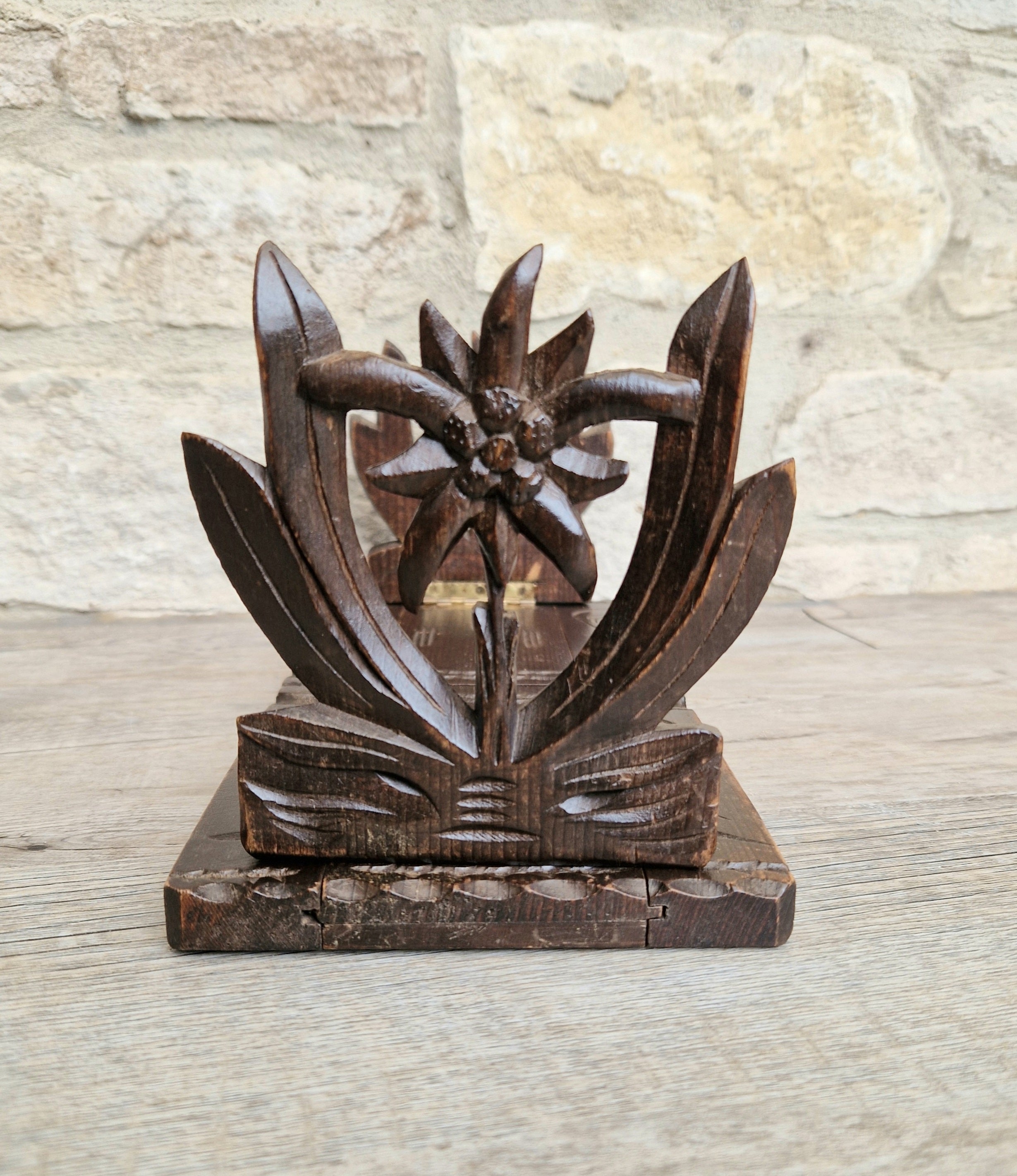 Antique Black Forest Carved Bookslide Continental Fruitwood Extending Book Shelf Rest c.1910