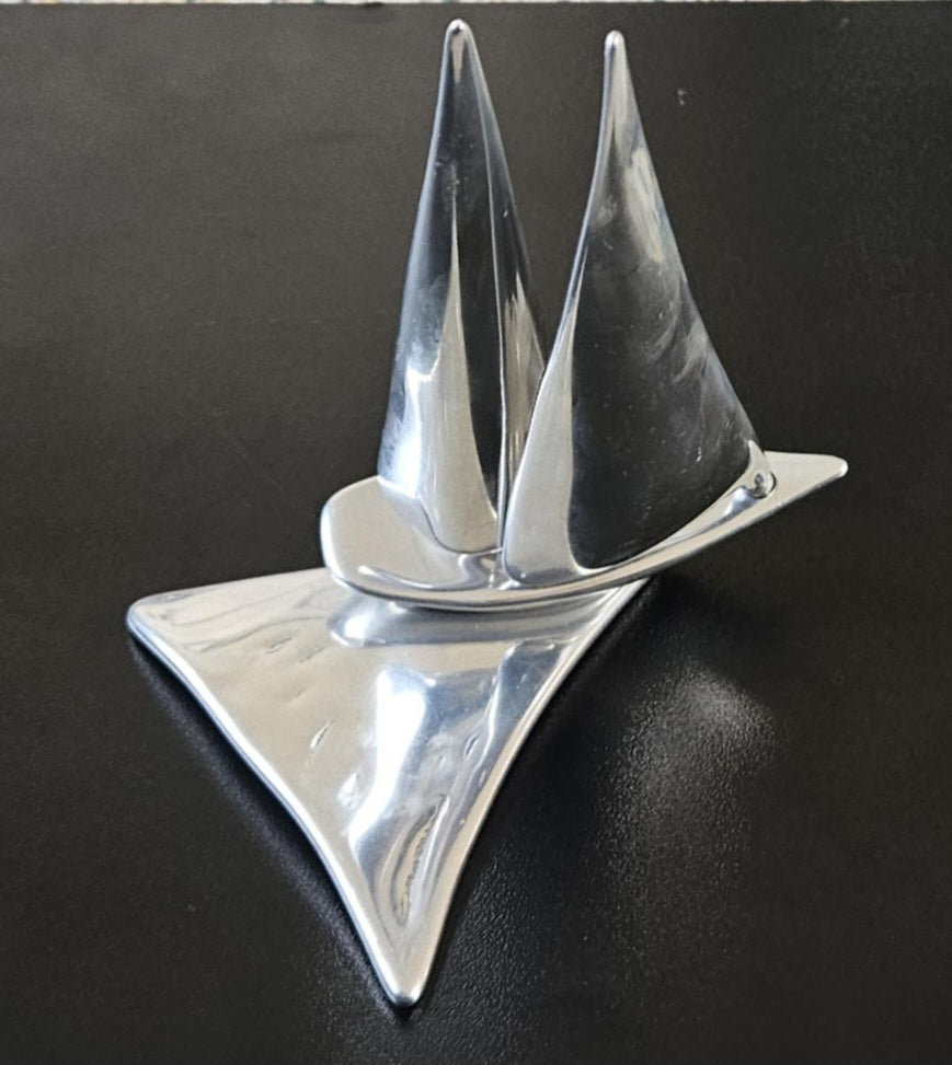 Vintage Small Hoselton Sailing Boat Art Sculpture Nautical Maritime Canadian Artist Cast Aluminum 16cm Tall X 13.5 Across