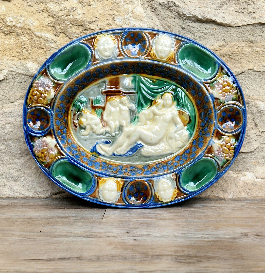 Antique Majolica Neoclassical Oval Serving Dish With Decorative Putti & Masks