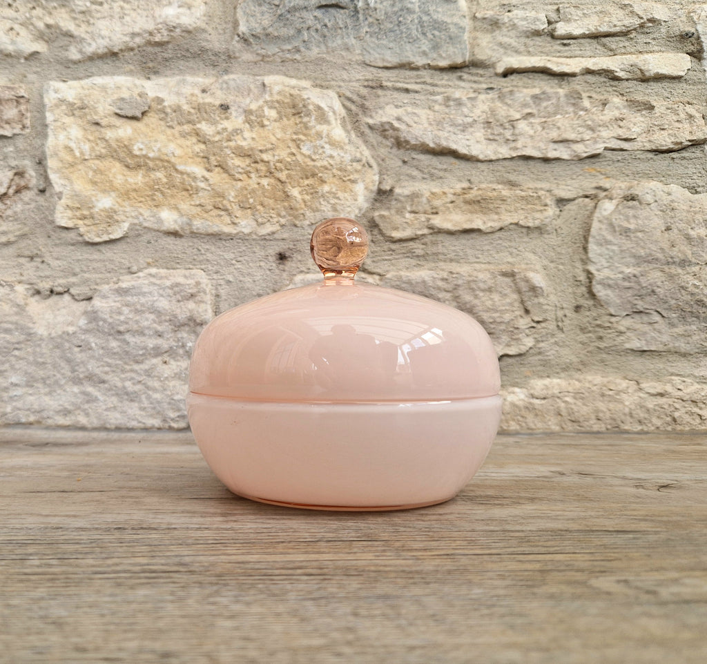 Vintage Large Opaline Pink Glass Lidded Powder Box Trinket Dish Art Deco Decor
