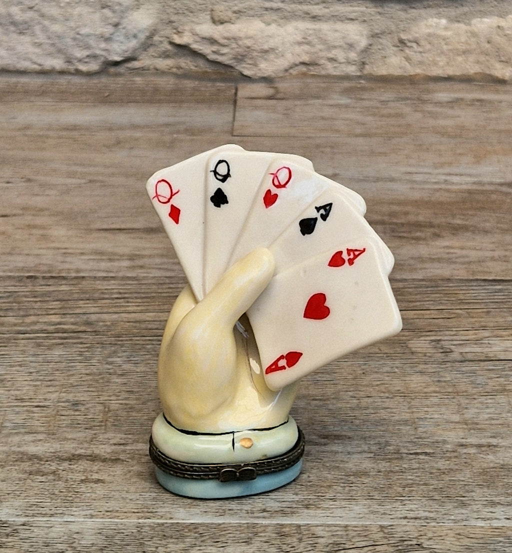 Vintage Rare Limoges Ceramic Poker Hand Full House Card Trinket Pill Box Casino