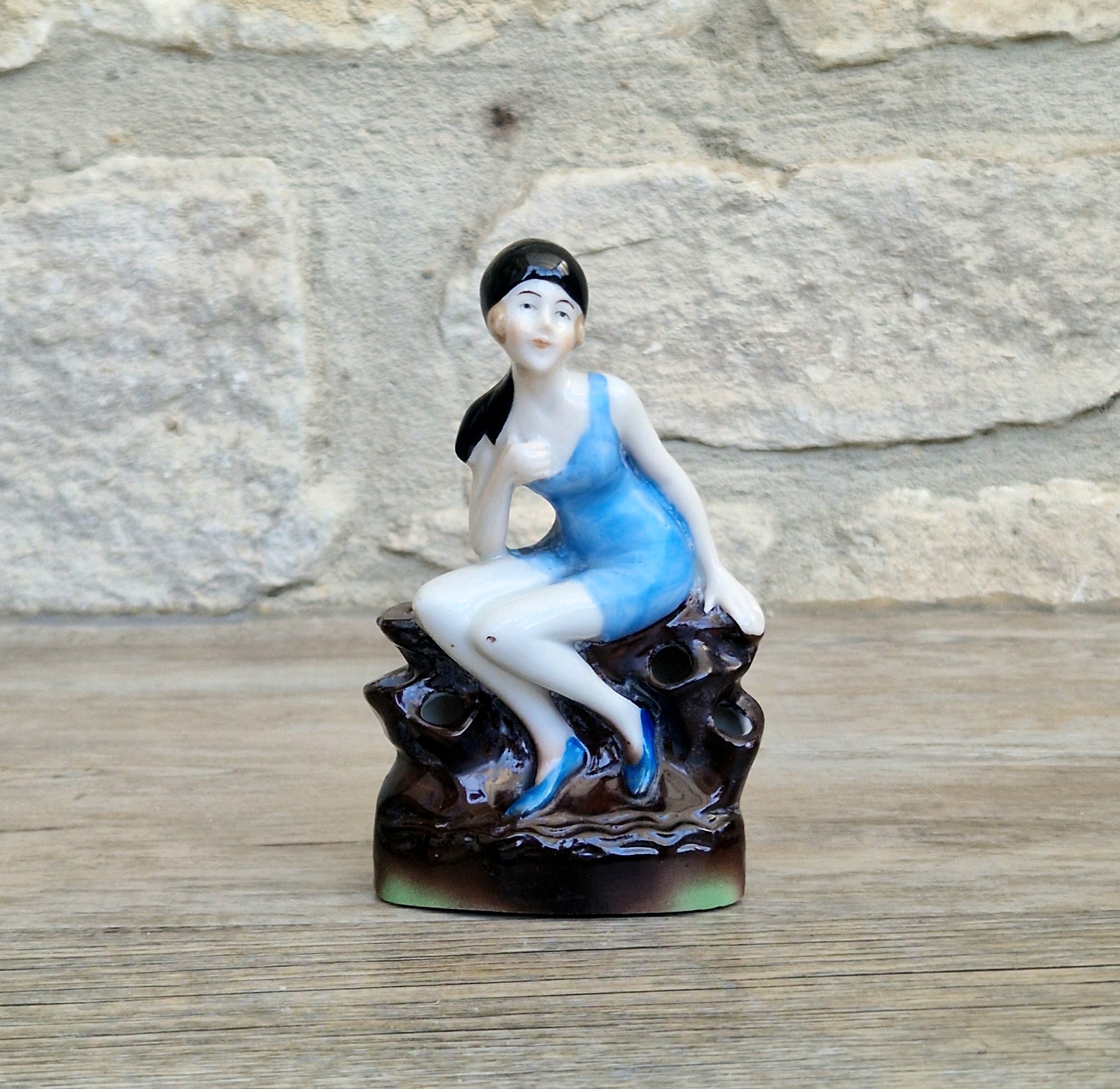 Art Deco Flapper Girl Bathing Belle Figure Ornament Ceramic Hat Pin Holder Continental 1930's