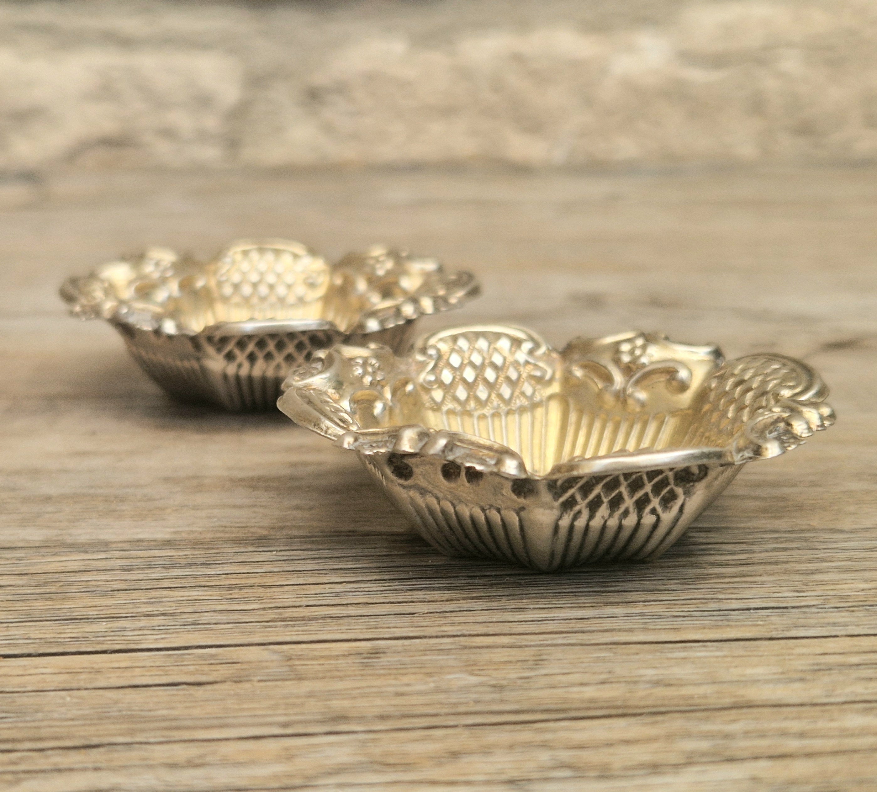 2 x 1897 Sterling Silver Ornate Open Salts by Thomas Hazlewood Birmingham England Antique