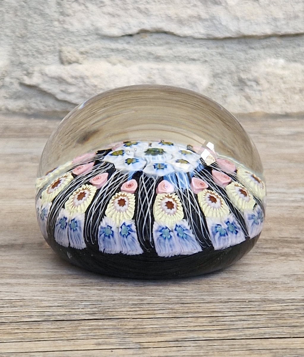 Strathearn Art Glass Paperweight 11 Spoke Millefiori with Filligree on Purple Ground Vintage